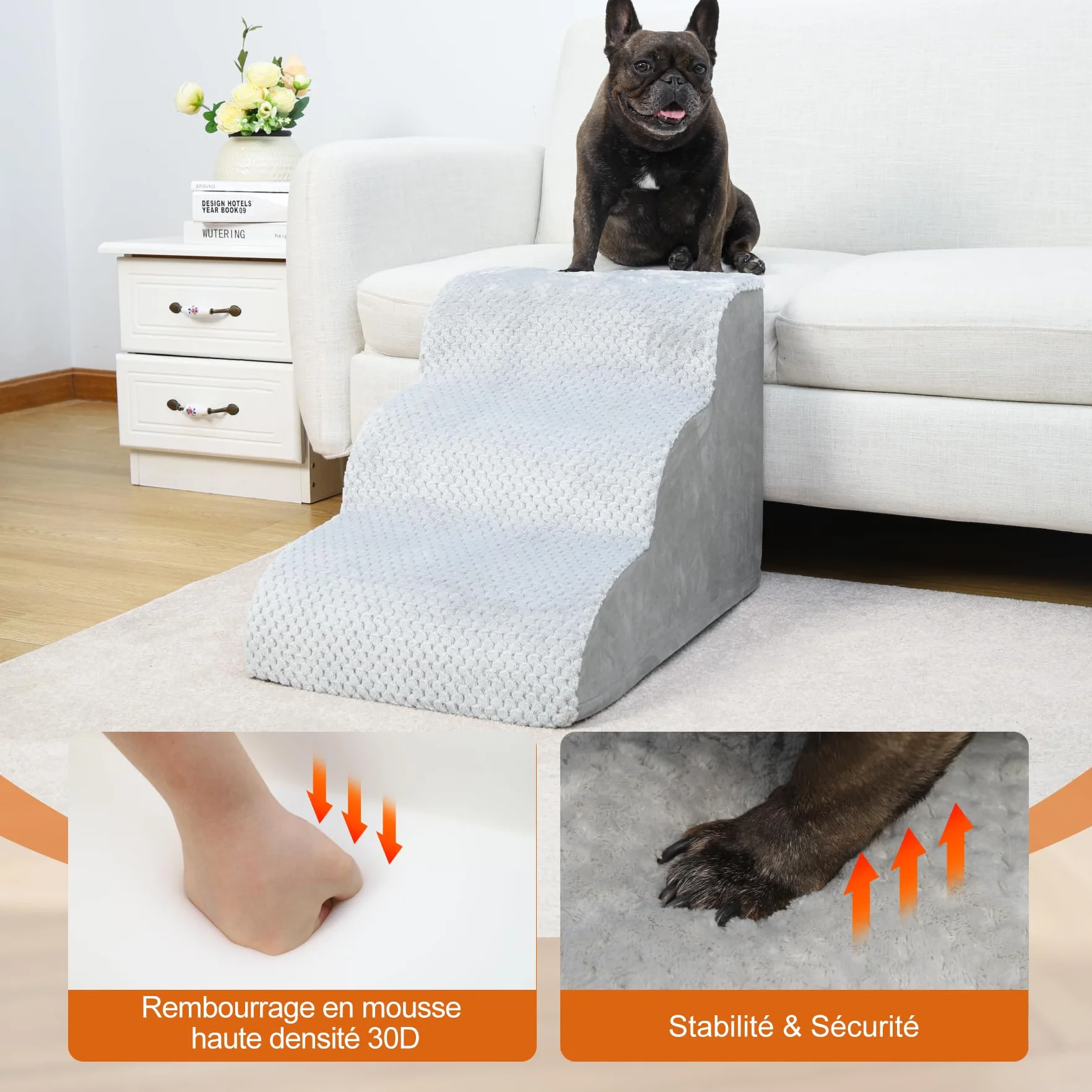 Escaliers pour Chien à 3 Marches Antidérapant Housse Amovible Lavable Accès Canapé Lit Chiots Animaux Âgés Gris 40x57x40 cm