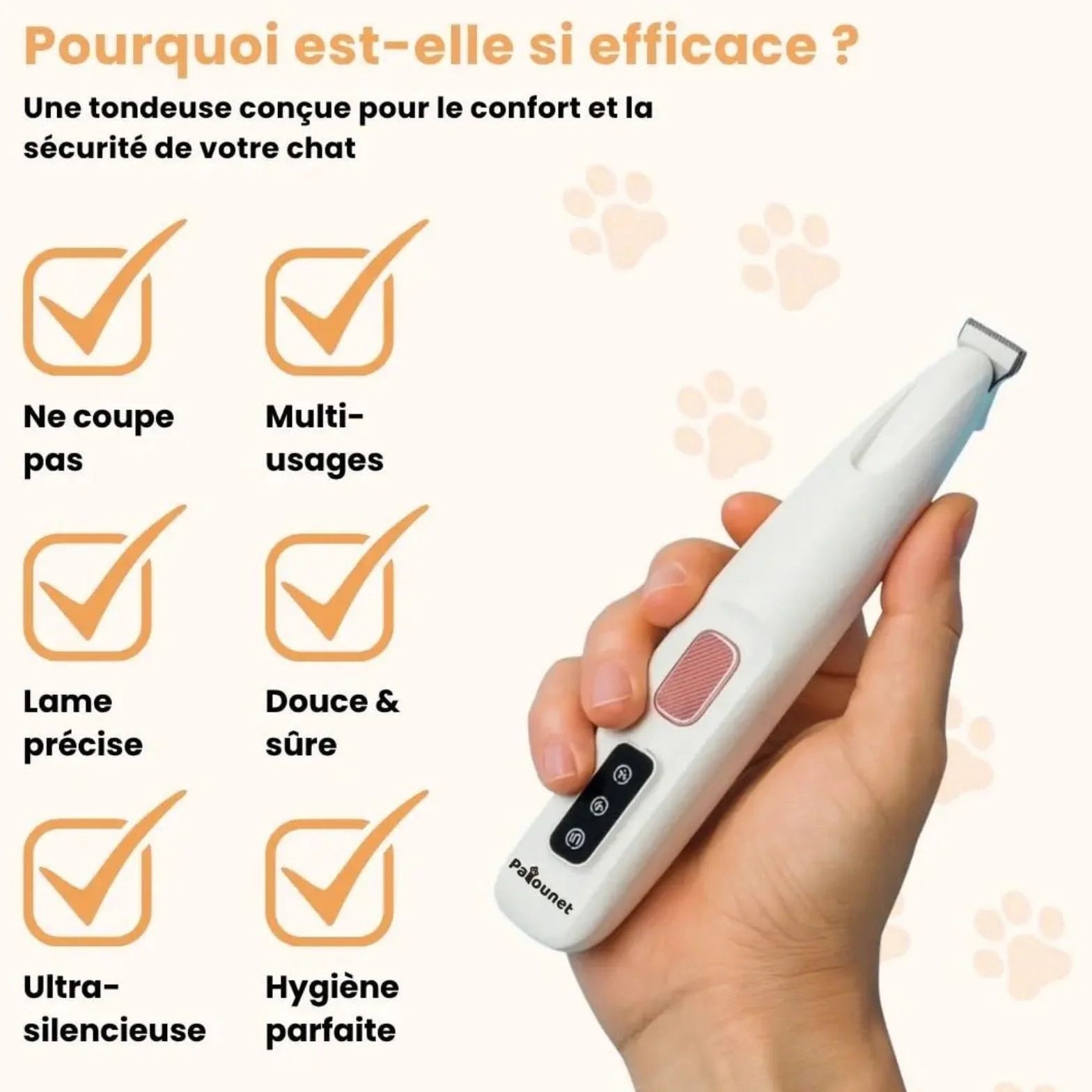 Patounet Tondeuse de Précision pour Chat, Électrique Ultra-Silencieuse, Lames Hypoallergéniques Rechargeable