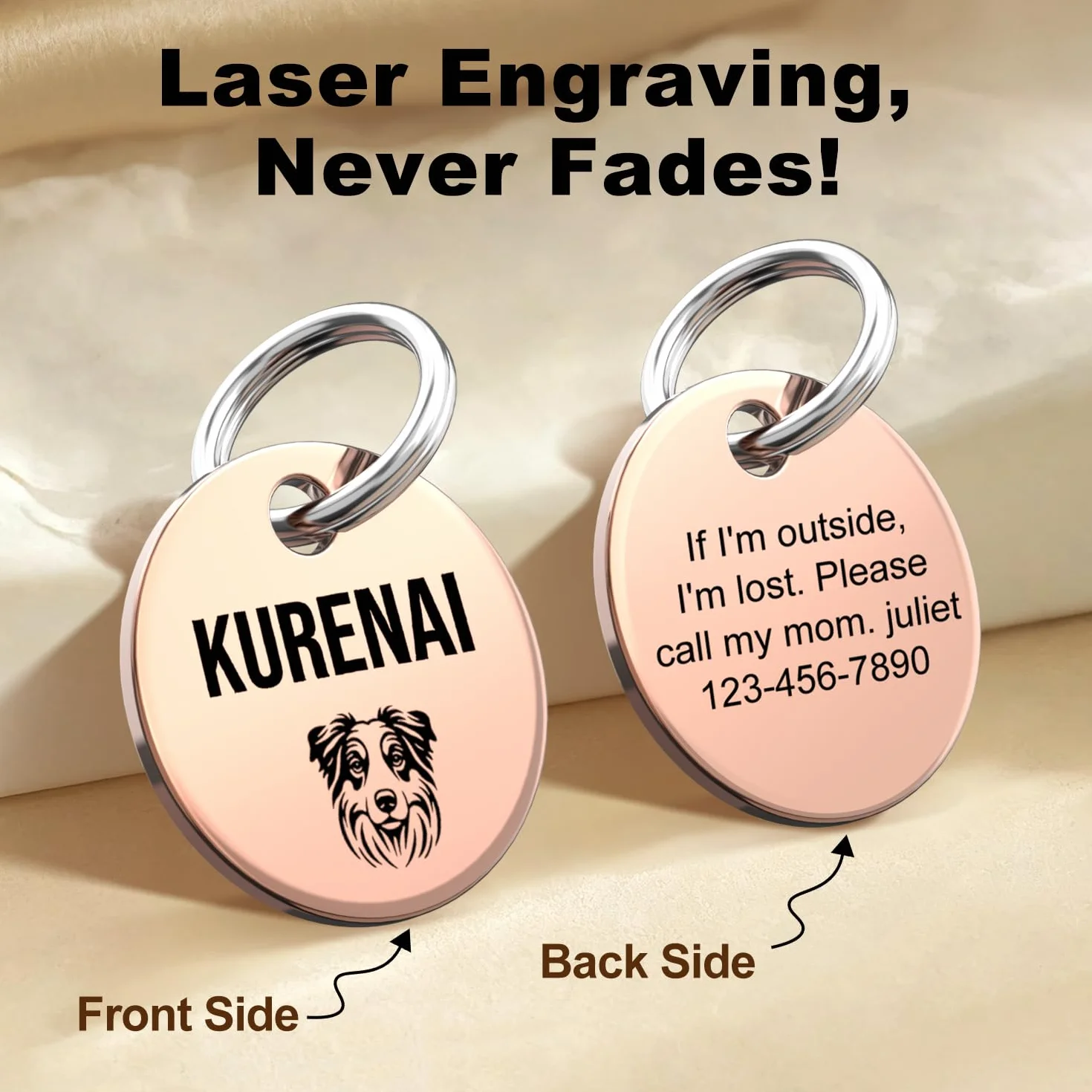 Médaille d'identification double face personnalisée en acier inoxydable poli pour chien et chat