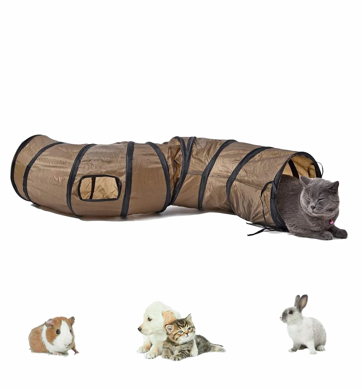 Labyrinthe à 5 tunnels interactif, pliable et léger en tissu froissé avec pompon et cloches pour chats, petits lapins, chatons, chiots, furets ou cochons d’Inde