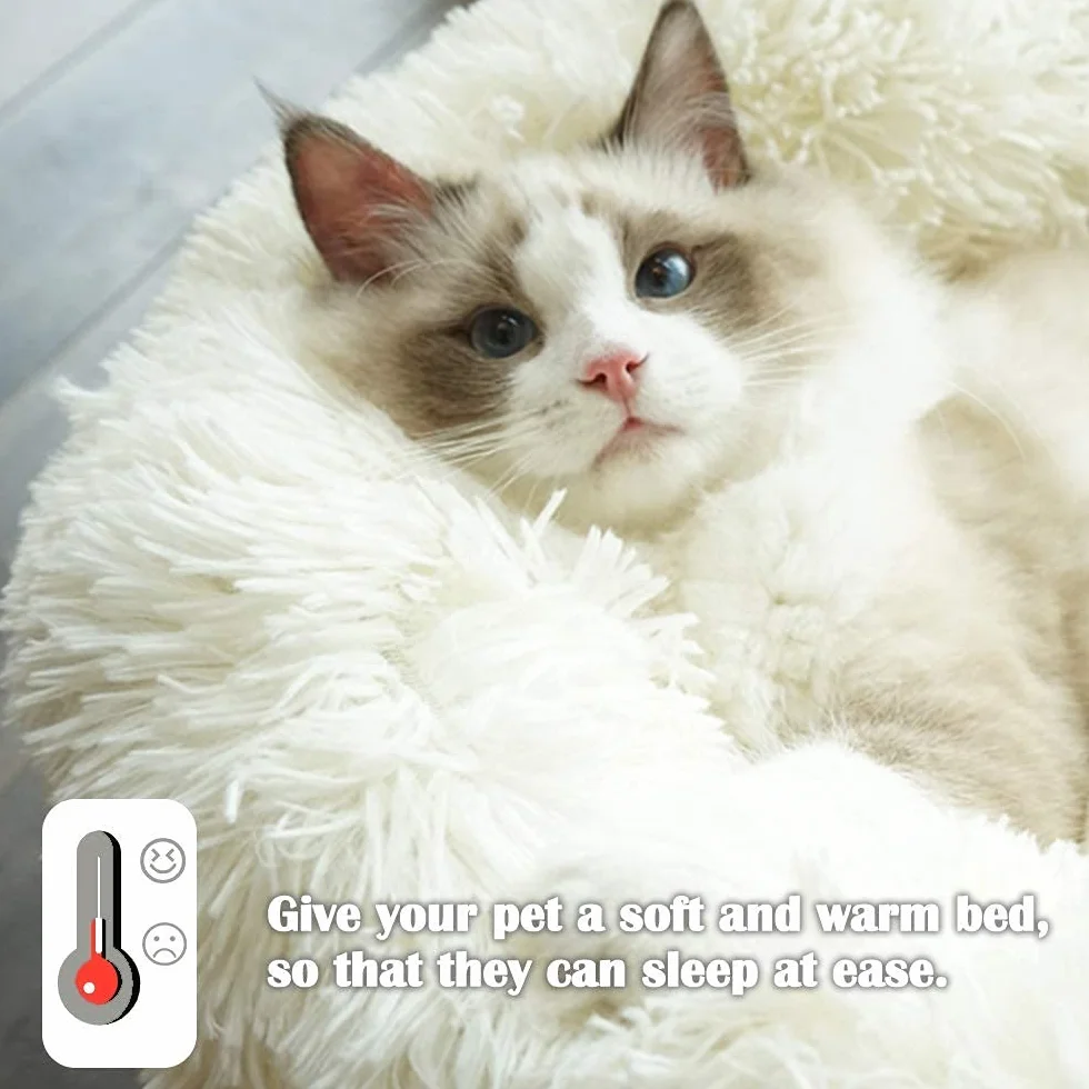 Coussin Anti Stress Apaisant pour Chat Chien Moelleux Rond Donut Lit Confortable Lavable Blanc S