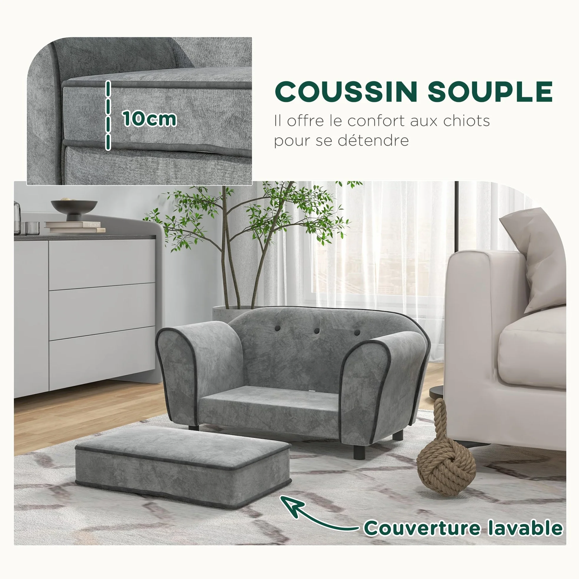 PawHut Canapé pour Chien Chat Dossier capitonné Velours Housse Lavable 74 x 41 x 32,5 cm Gris
