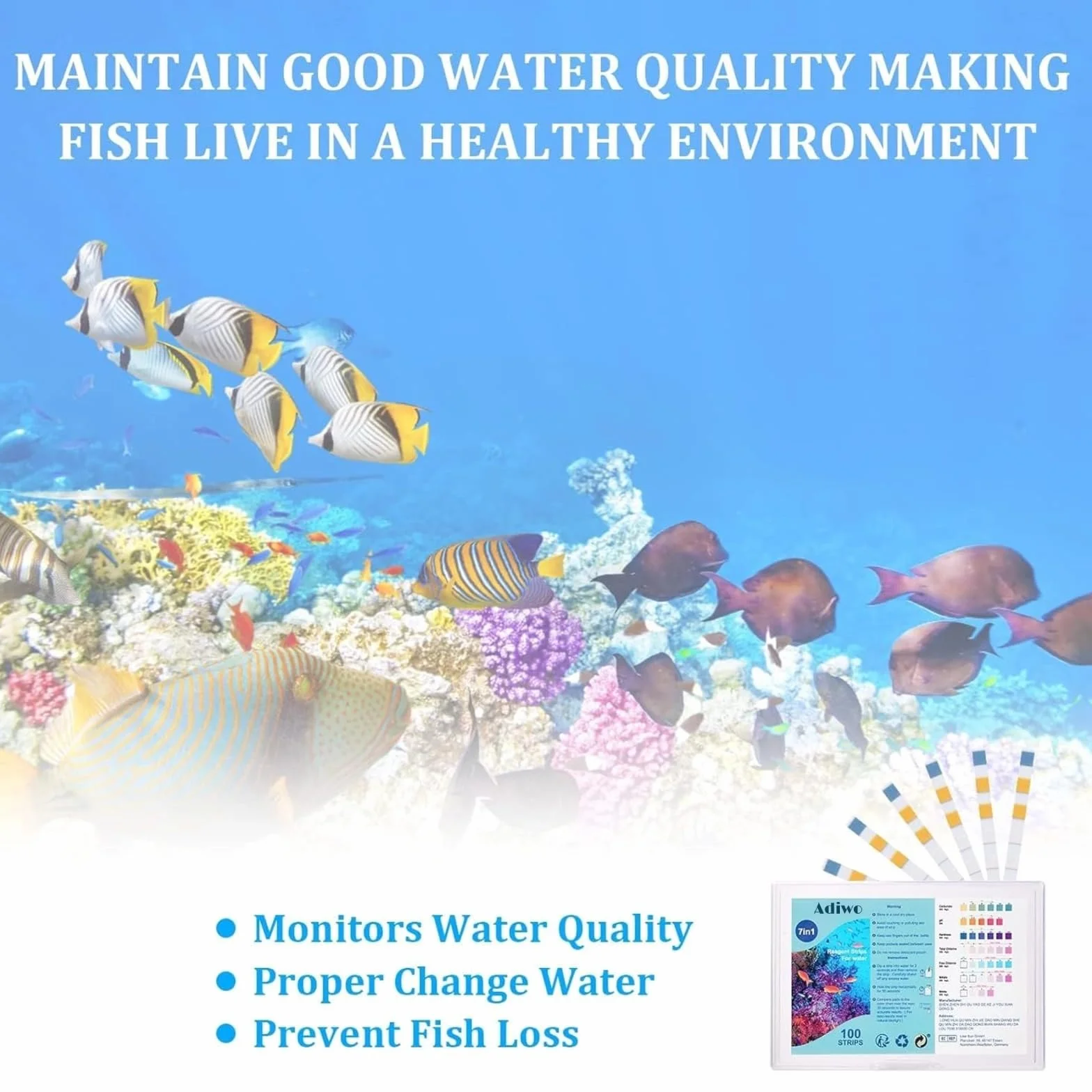 Bandelettes de Test d'Aquarium 7 en 1, 100 Bandelettes de Test Eau Dureté Totale, Alcalinité, Carbonates, Nitrates, Nitrites, Chlore Libre pH, Cuivre Test Rapide