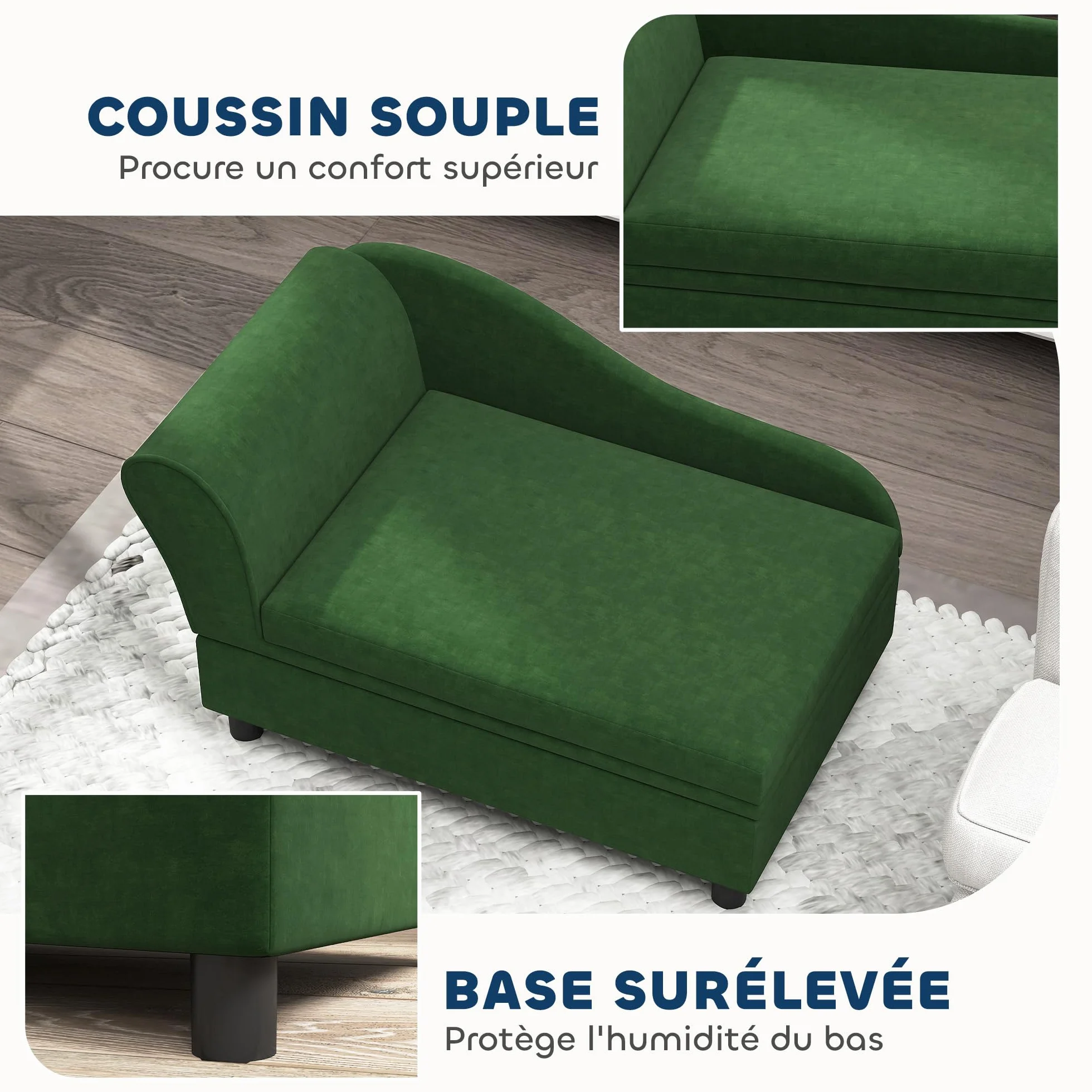 PawHut Canapé Chien Chat avec Coffre Rangement Style Moderne Coussin Amovible 76x45x43 cm Vert