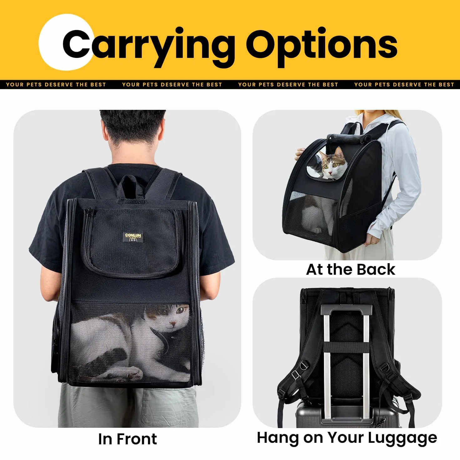 Conlun Sac à Dos Transport Chat Chien jusqu'à 7kg Pliable Fenêtres Maille 3 côtés Voyages Randonnées Noir