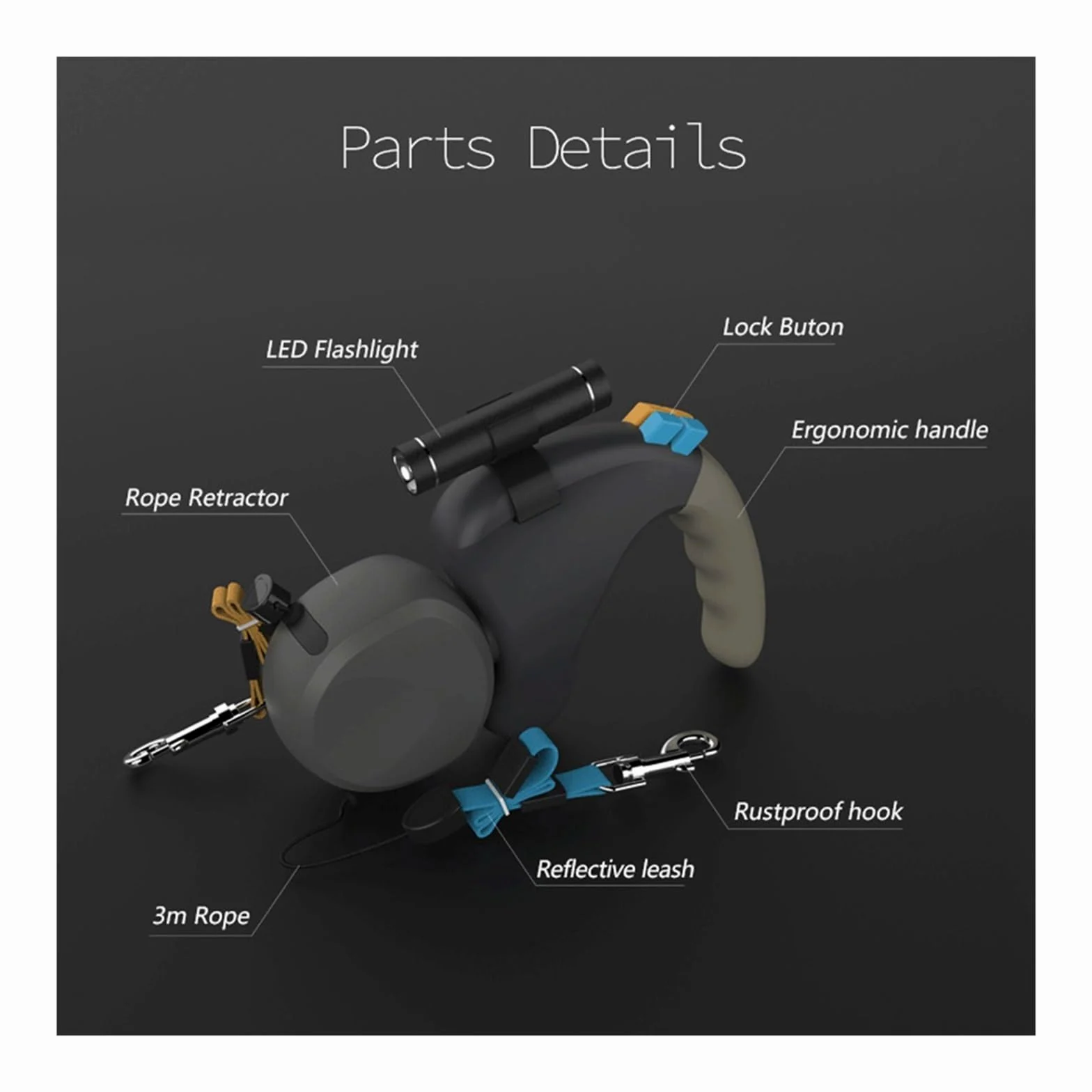 Laisse for Chien Double rétractable rotative 1 pièces avec lumière(Black)