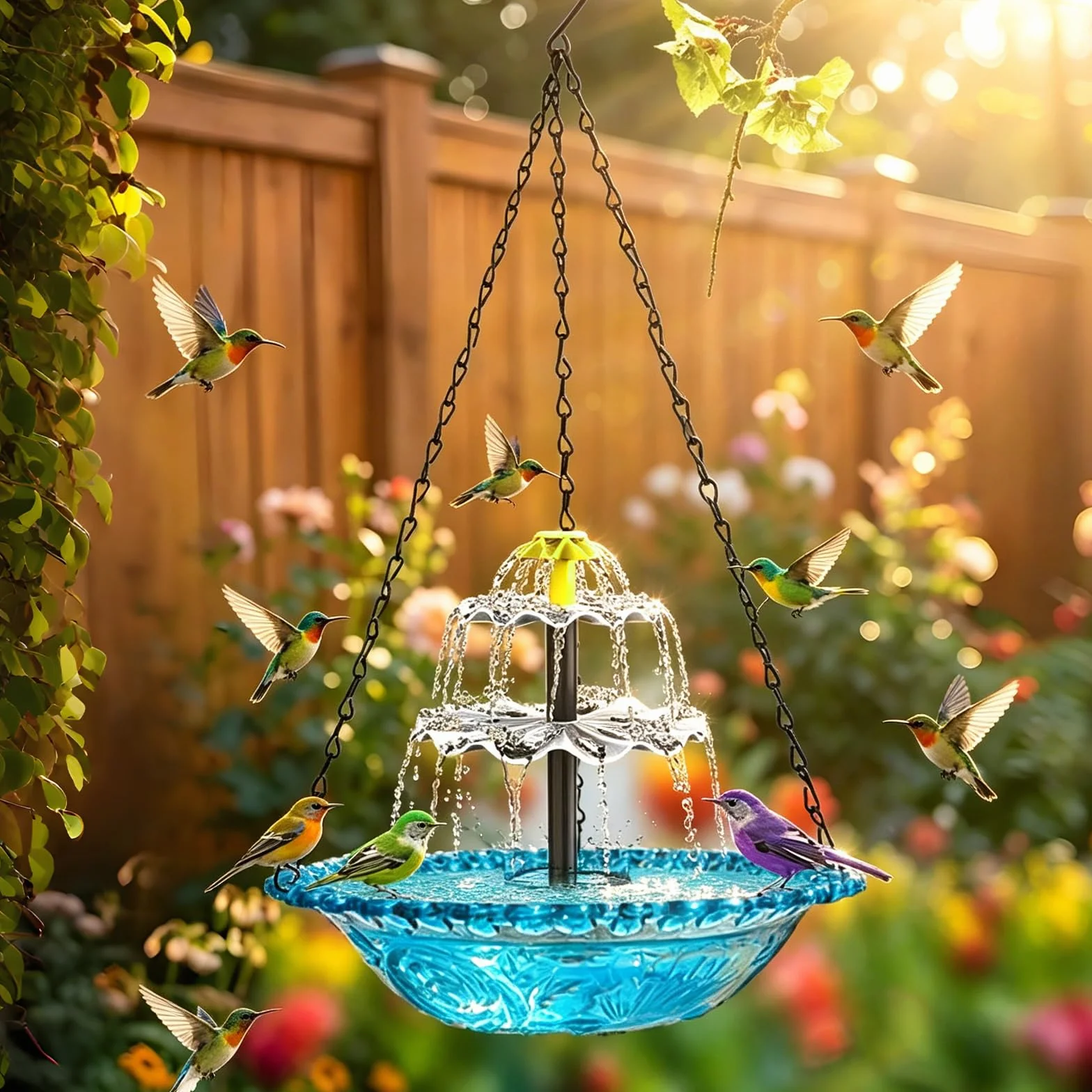 Bain d'oiseaux solaire avec fontaine suspendu chaînes métal bleu