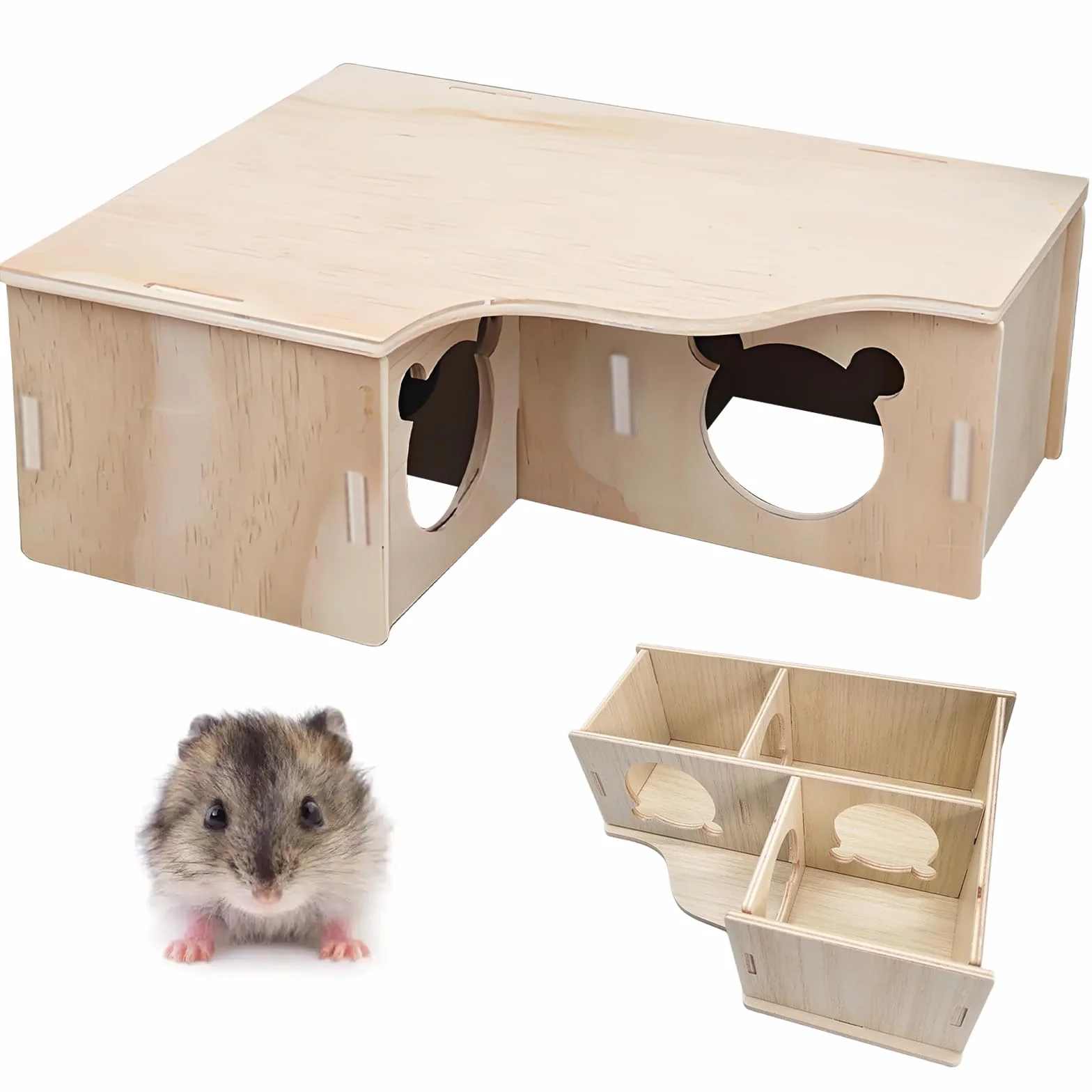 SenZee Maison pour hamster en bois, cachette multi-chambres en bois avec couvercle pour hamsters et petits animaux de compagnie