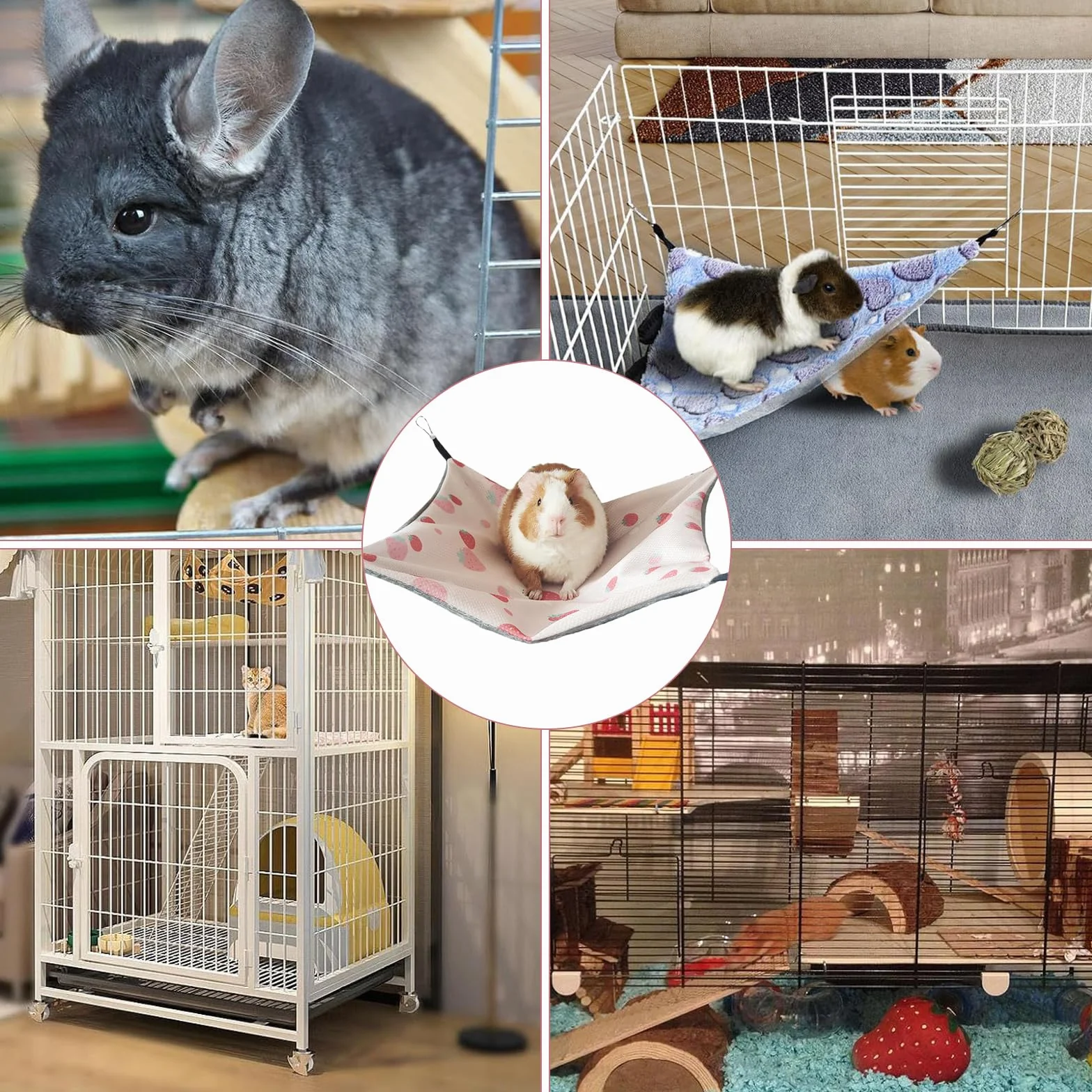 Hamac Cochon d'Inde Avocat Cousu Main 34CM x 34CM Cage Furet Réglable Librement pour Repos Jeu Sieste Cabane Lapin Conception Antidérapante pour Lapin Hamster Cochon d'Inde (Fraise Rose)