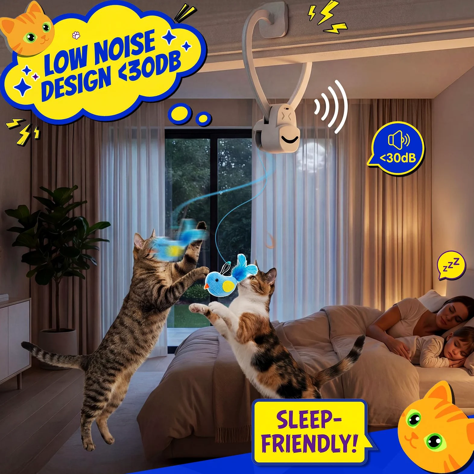 Jouets interactifs pour chats d'intérieur avec plumes d'oiseau volant électriques automatiques - Meilleur chaton et adulte - Jouet électrique à suspendre pour chats ennuyés (6 jouets) - Bleu