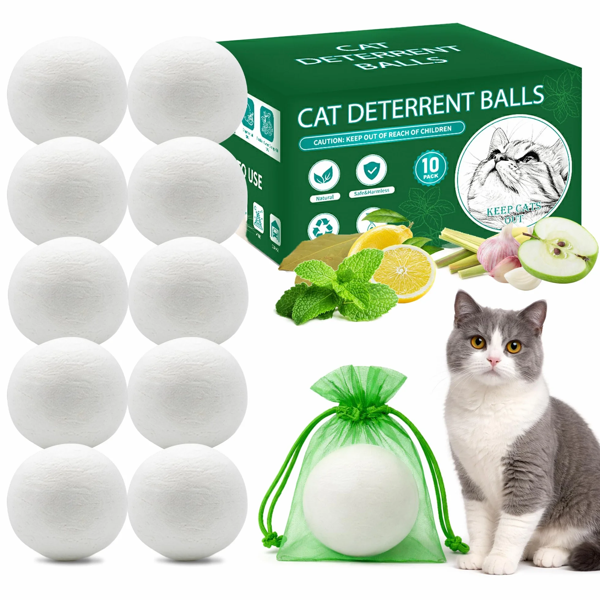 Lot de 10 balles répulsives naturelles pour chat – Non toxique, intérieur et extérieur