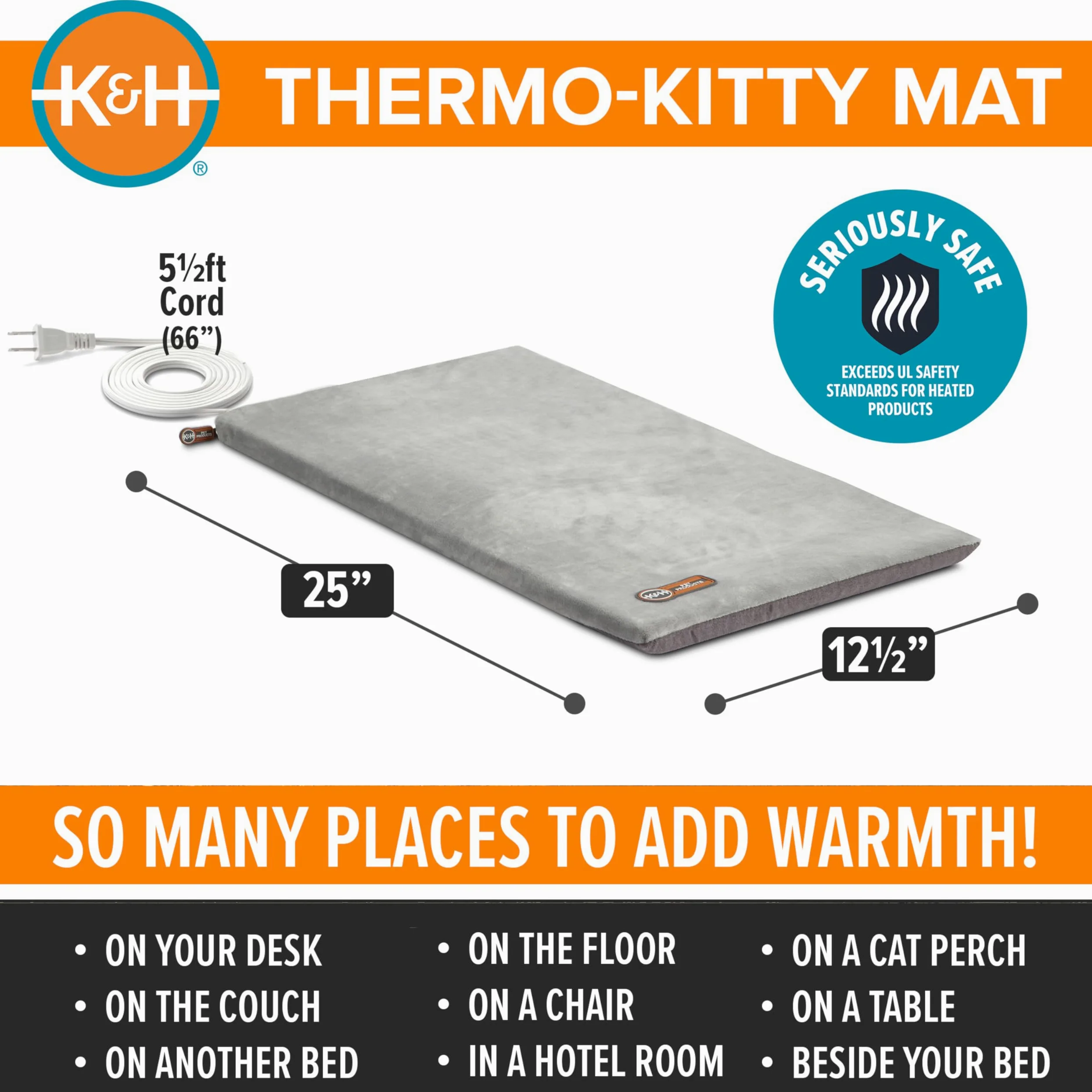 K&H Pet Products Tapis Chauffant pour Chat d'intérieur – Tapis Chauffant apaisant et Chaud pour Animaux de Compagnie – Lavable en Machine – Chauffage imperméable – Sécurité listée – 31,5 x 63,5 cm –