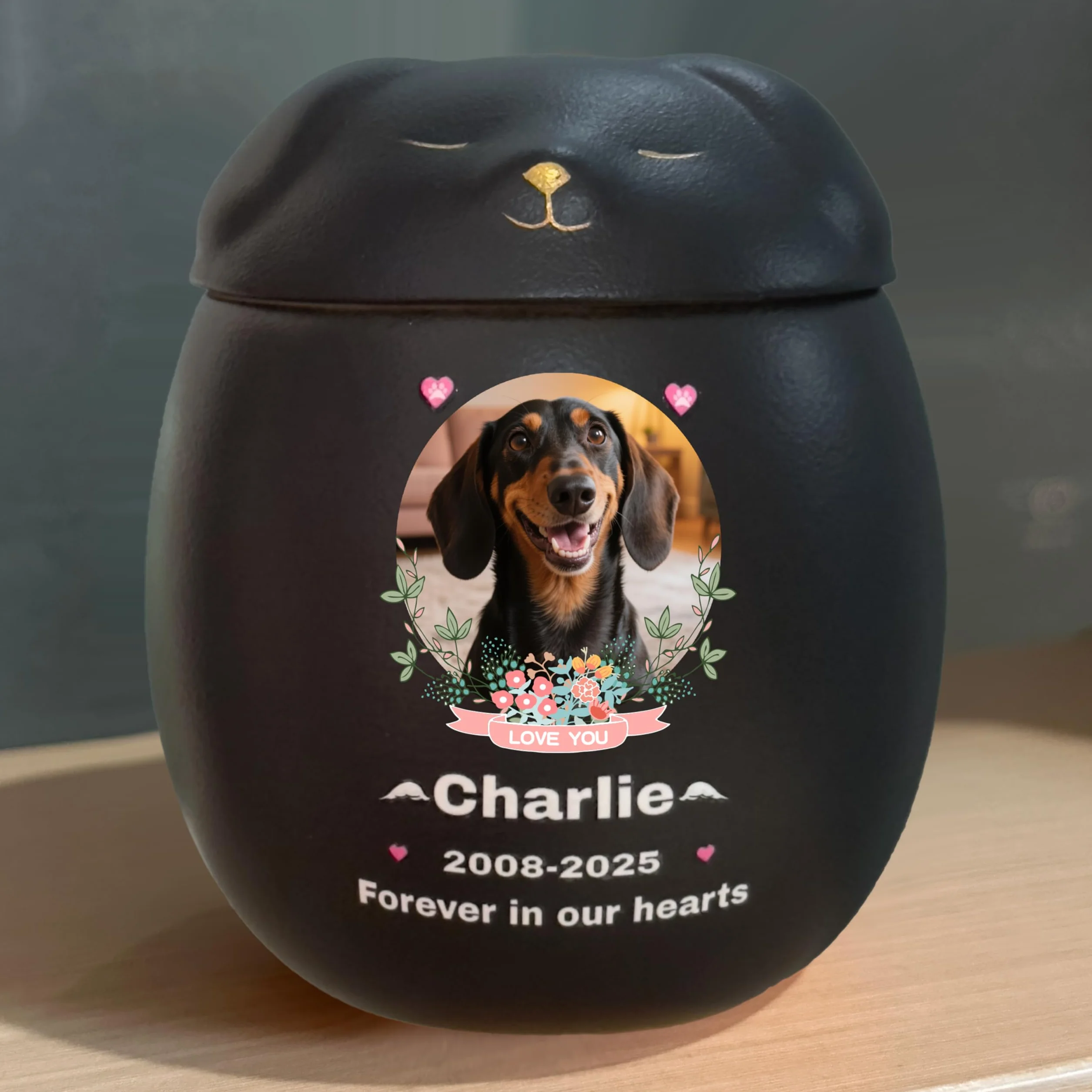 Urne Personnalisée pour Chien en Céramique, Boîte à Souvenirs Fait à la Main, Petit Noir pour Cendres ≤10 kg