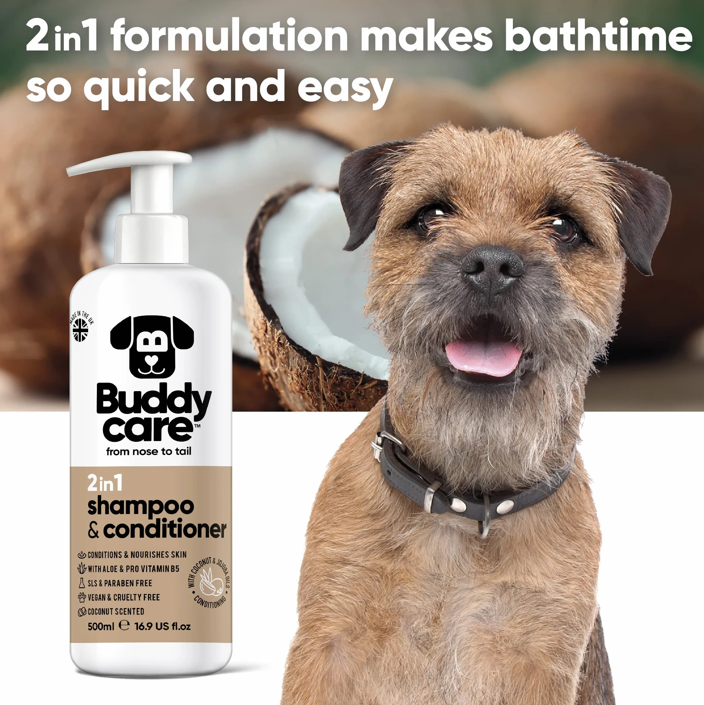 Shampooing et revitalisant 2 en 1 par Buddycare - Shampooing et revitalisant Pratique pour Chiens en Un Seul Produit - avec de l'aloe Vera et de la provitamine B5 (500ml)