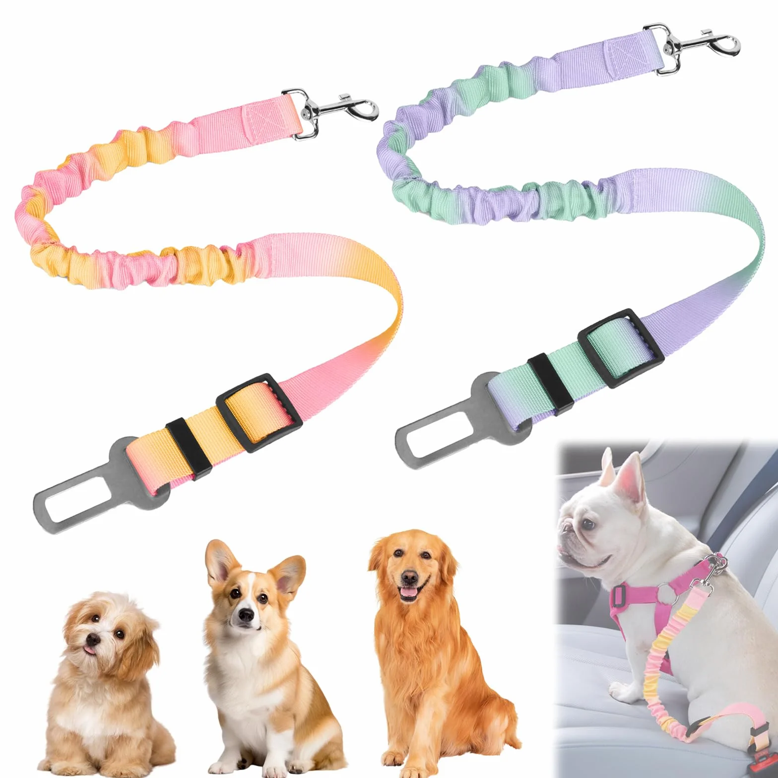 2 Pièces Ceinture Chien Voiture, Réglable Ceinture Securite Chien Voiture, Élastique Attache Chiens Voitures, Couleur Dégradée Laisse Voitures pour Chiens