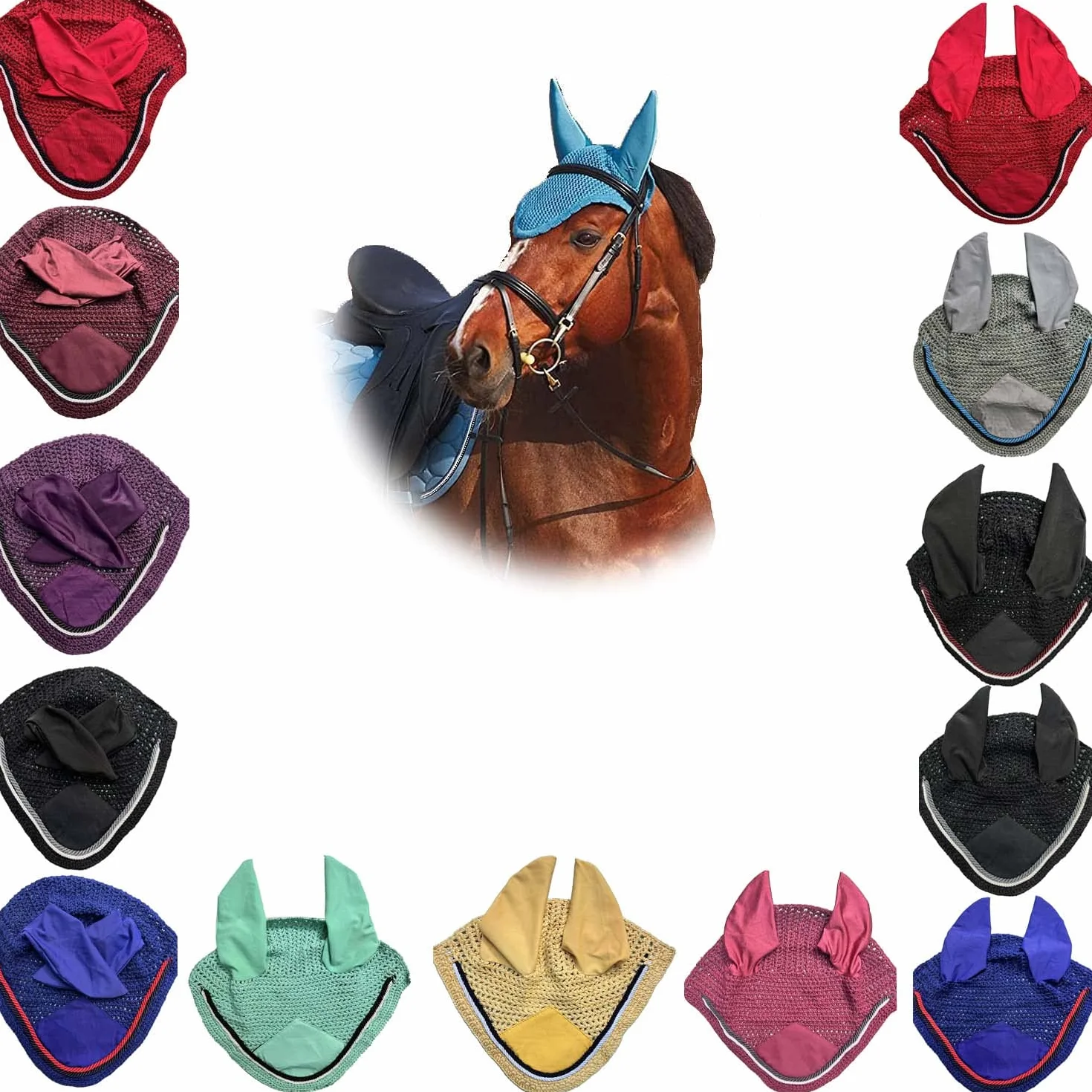 Spire Voile de protection pour cheval en coton respirant doux au crochet avec capuche pour contrôle des mouches (pony, violet/gris-blanc)