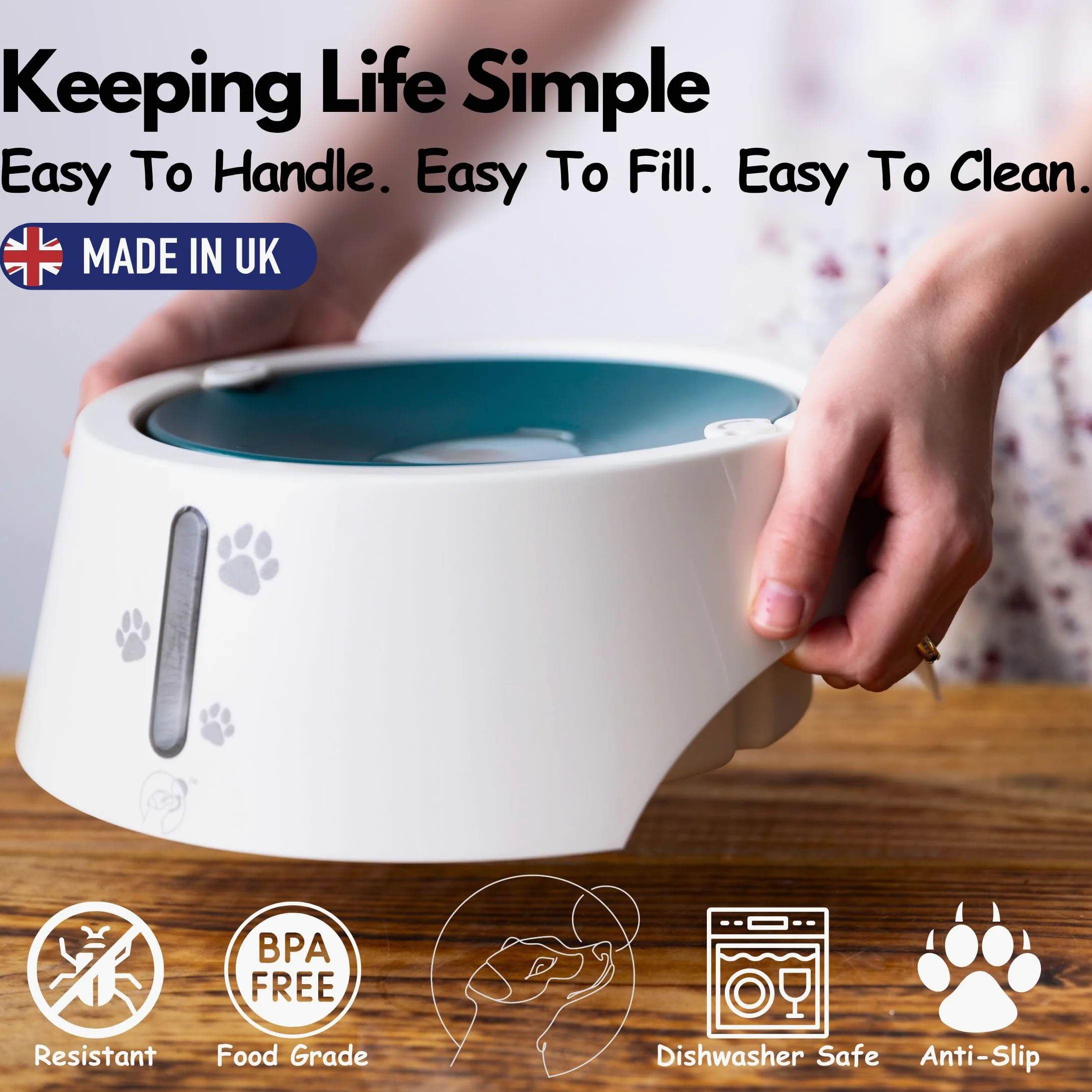 BARKING& MAD Gamelle d'eau anti-déversement pour chien de 2,1 L – Distributeur d'eau à alimentation lente anti-éclaboussures, bols blancs antidérapants et anti-basculement pour grands chiens avec de
