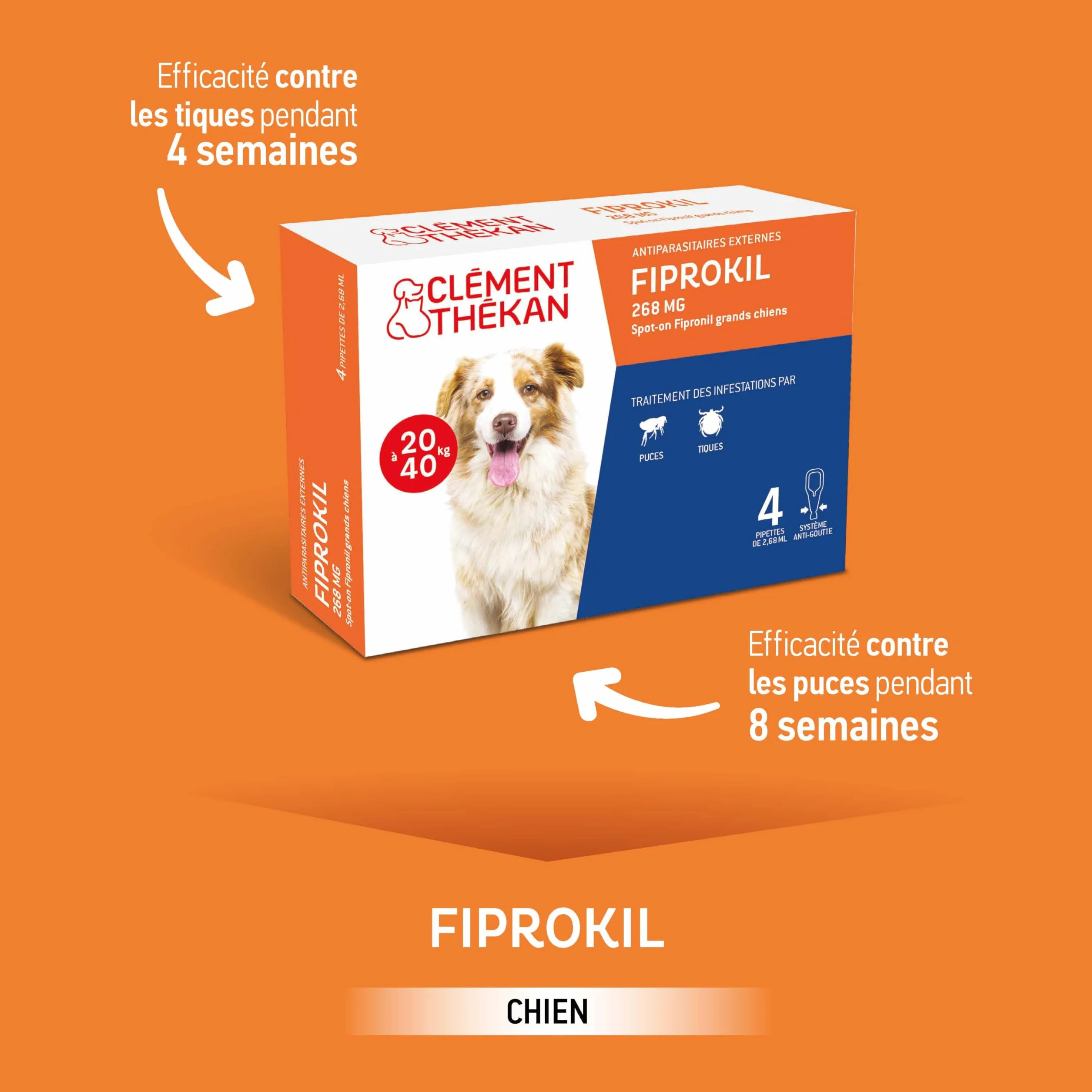 Clément Thékan - Anti-puces et anti-tiques pour grands chiens de 20 à 40 kg - 4 pipettes - Solution pour Spot-on Fiprokil 268 mg