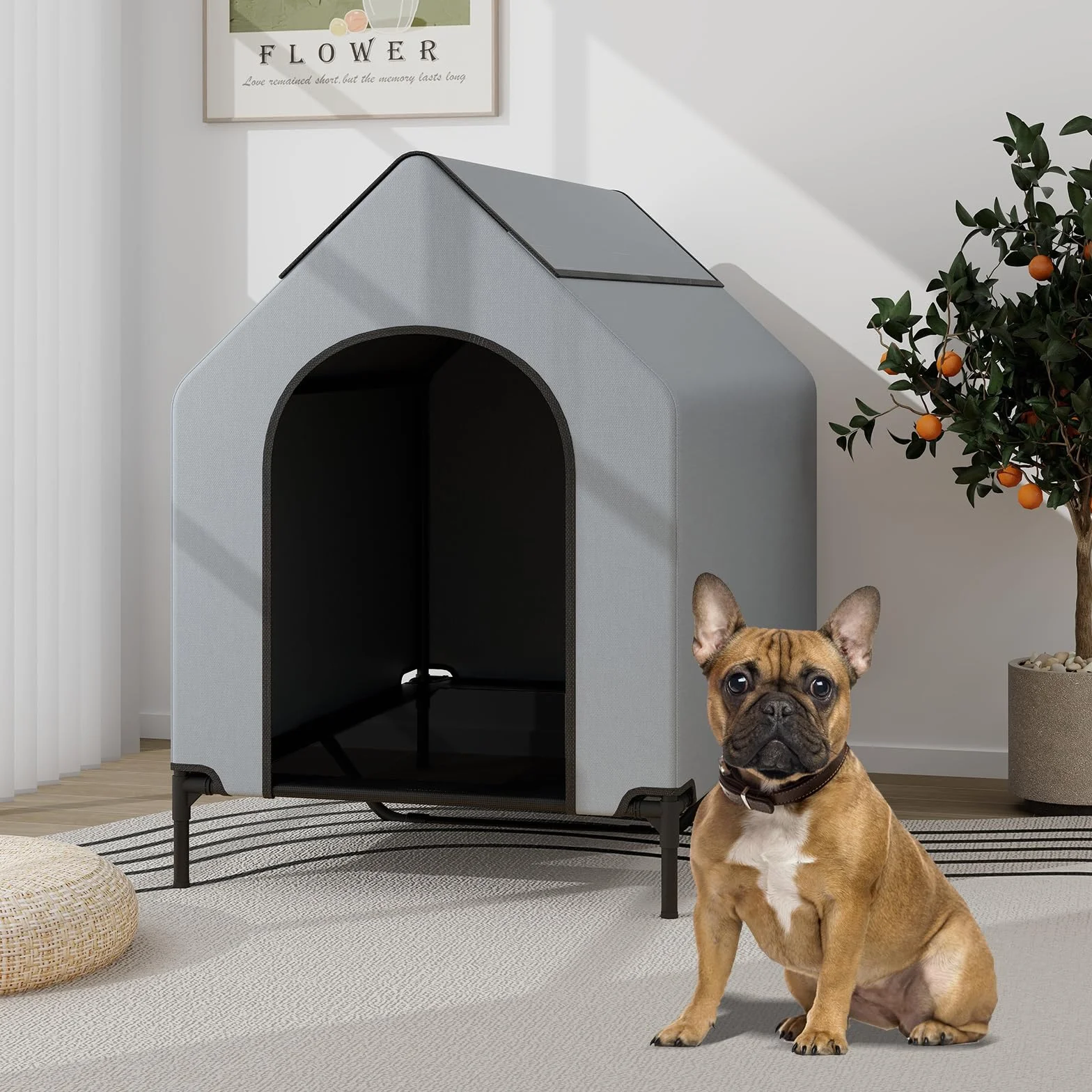 COSTWAY Chenil pour Chien 2 en 1 75x110x106 cm Tissu Oxford Fenêtre Ventilée Housse Amovible Base Surélevée 40 kg