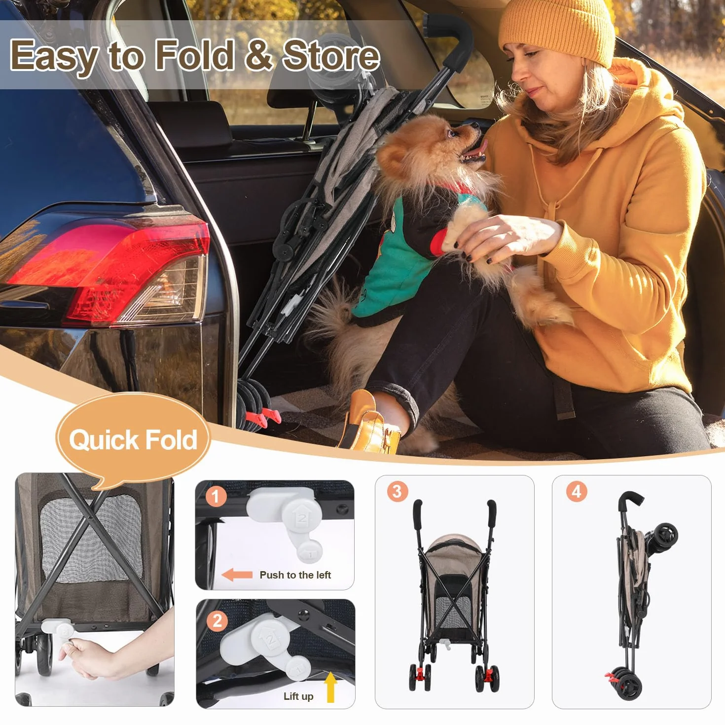 Poussette pour chien taille moyenne pliable 15 kg 4 roues porte-gobelet roues avant rotatives 360°
