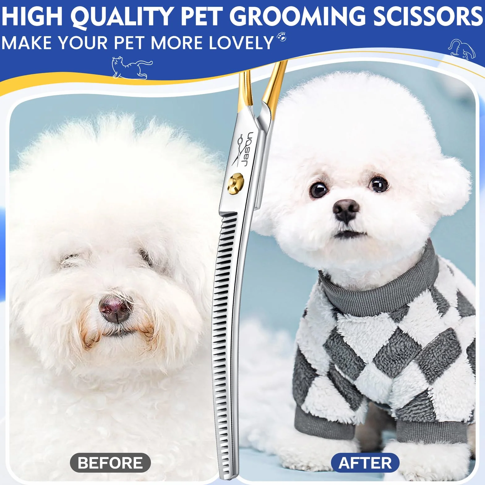 JASON 7.5 pouces ciseaux à effiler courbes pour chiens 43 dents ciseaux professionnels pour chiens courbes vers le bas en acier inoxydable japonais 440C ciseaux à fourrure avec poignée symétrique