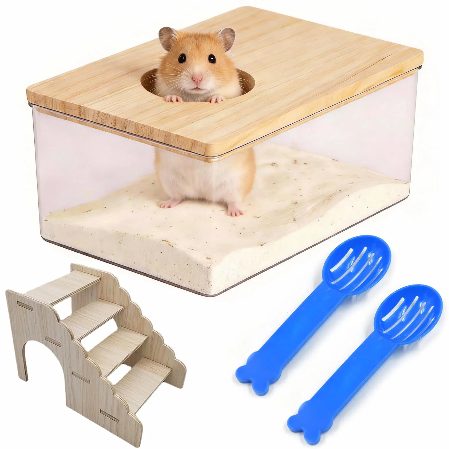 Maison De Toilette Hamster 18,5x12,5x8,5cm Acrylique Transparent avec Échelle et Pelle Salle Bain Hamster