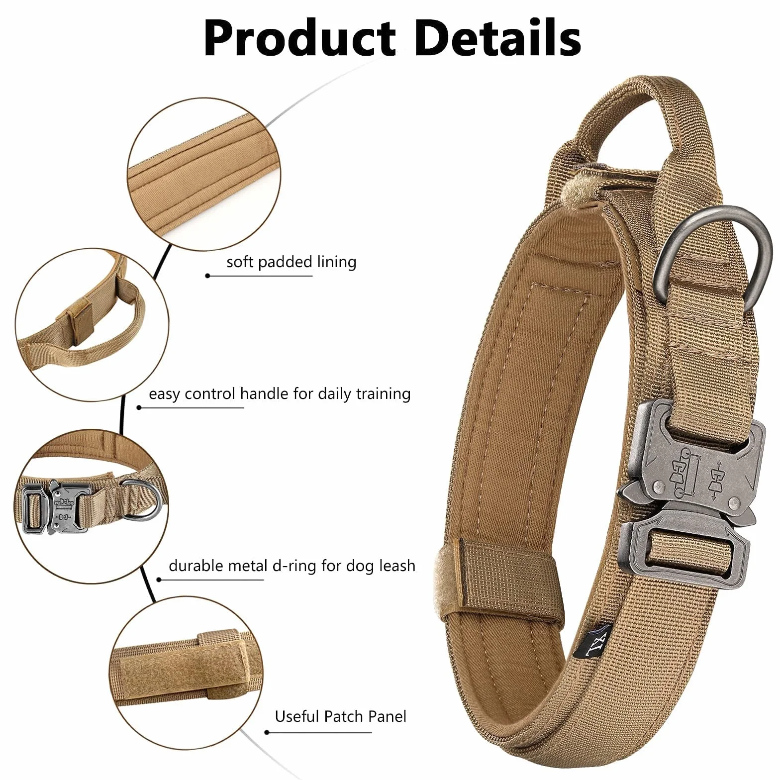 Tactique Collier et Laisse pour Chien réglable Nylon Militaire Boucle Métal Robuste Laisse élastique Dressage Taille XL Kaki