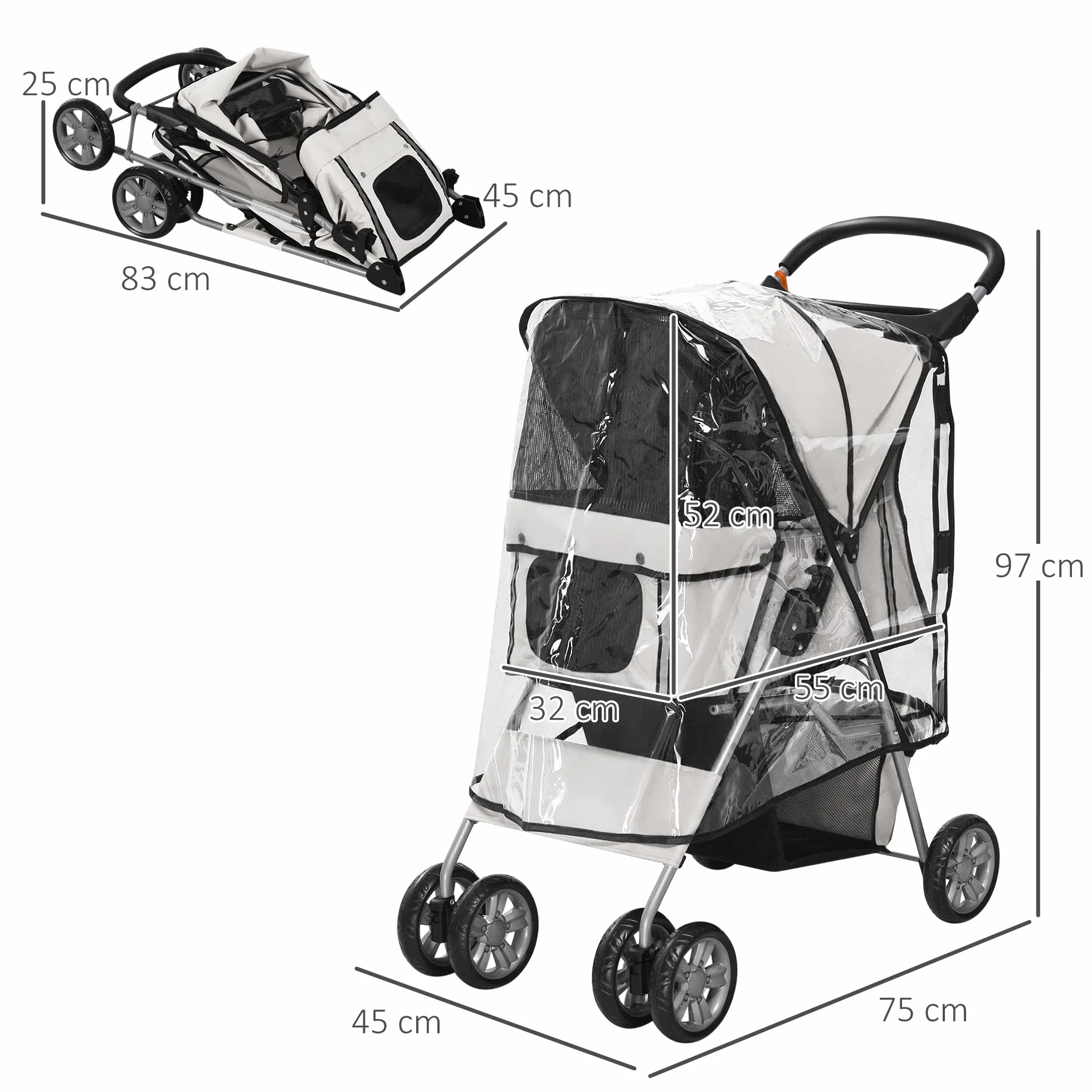 PawHut Poussette Buggy Pliable Animaux Imperméable pour Chien et Chat, Tissu 600D Oxford, Toit Amovible, Gris