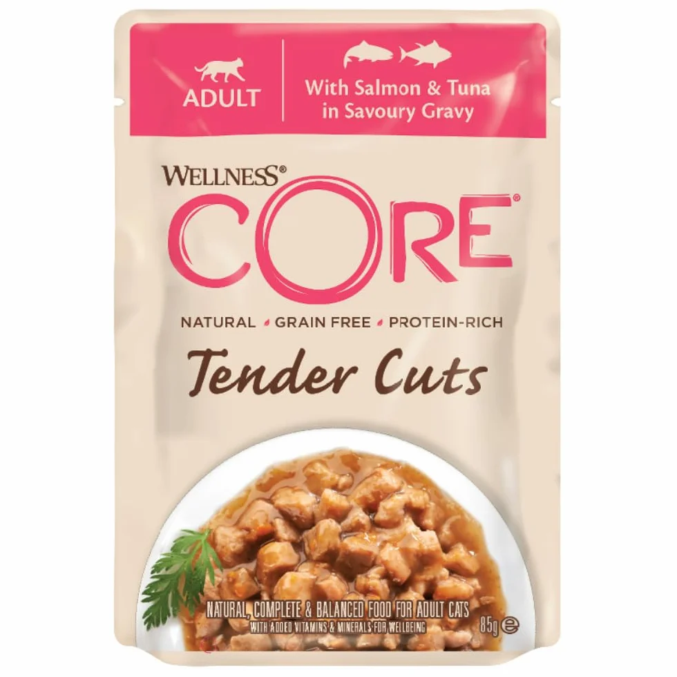 Wellness CORE Tender Cuts 6 x 85g Multipack Saumon Thon Crevettes pour Chats Adultes sans Céréales