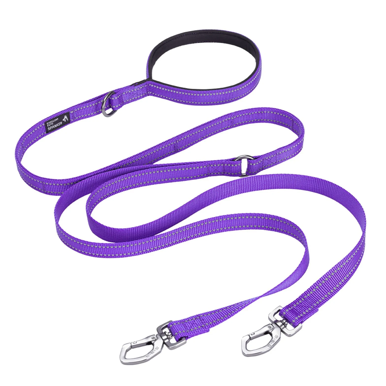 EXCELLENT ELITE SPANKER Laisse double réfléchissante en nylon avec poignée rembourrée pour deux chiens - 1,5 m - Violet