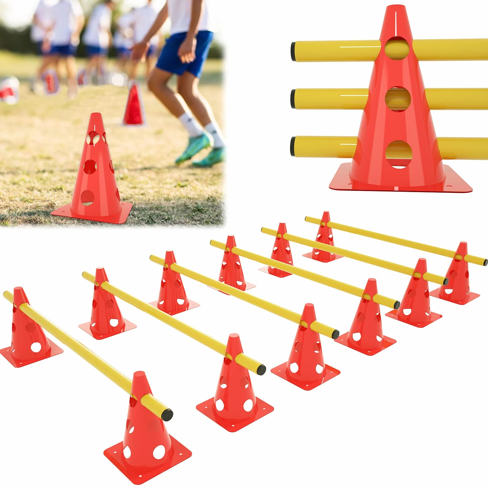 Lot de 6 obstacles d'agility pour chiens avec 12 cônes et 6 barres réglables 32 x 100 cm