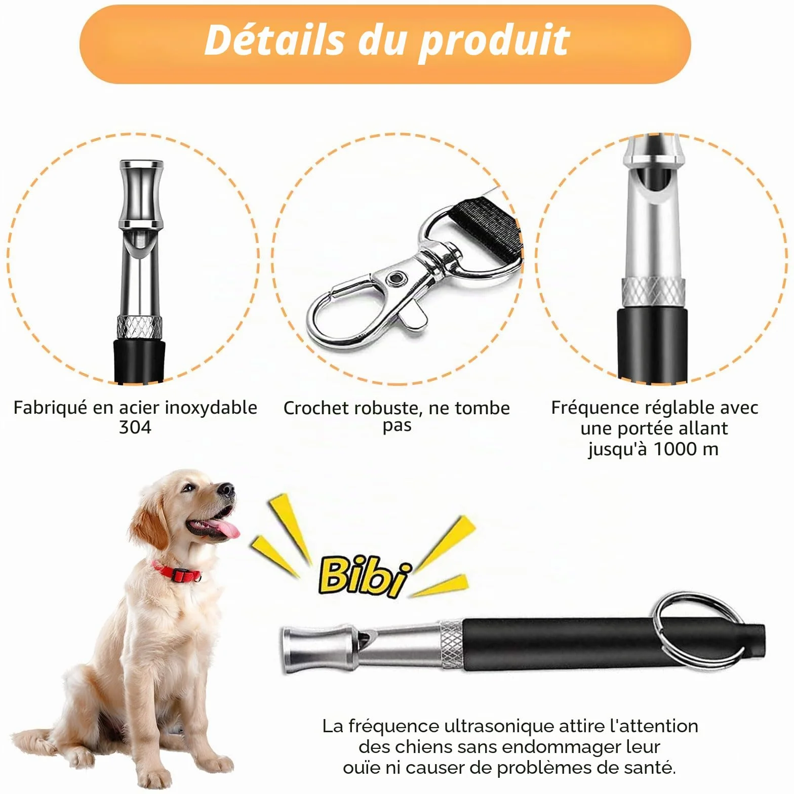 Sifflet pour chien à haute fréquence silencieux - Accessoire anti-aboiement ultrasonique avec cordon - Noir