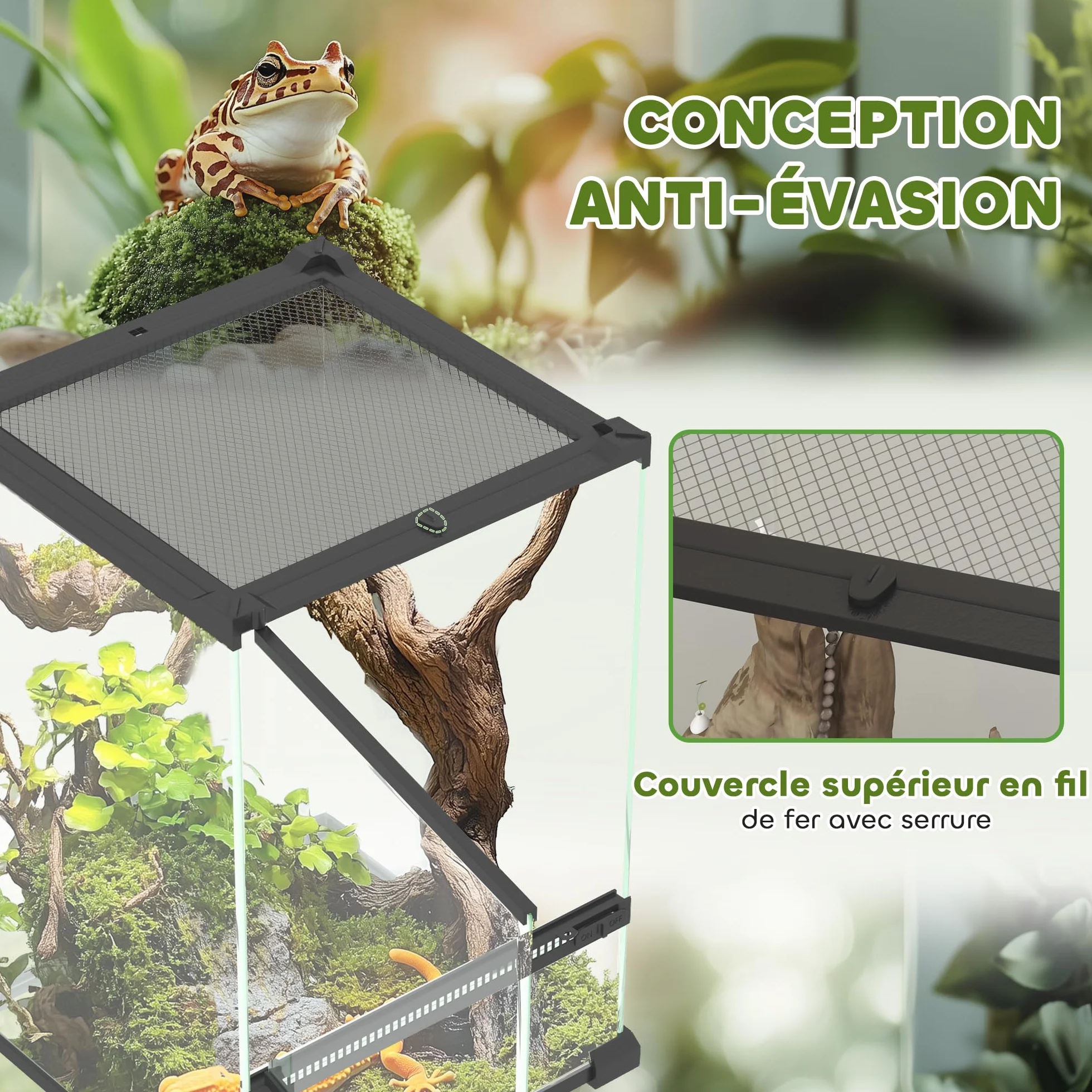 PawHut Terrarium en Verre pour Reptiles Vivarium 12 L avec Couvercle en Treillis métallique 20 x 20 x 30 cm Noir