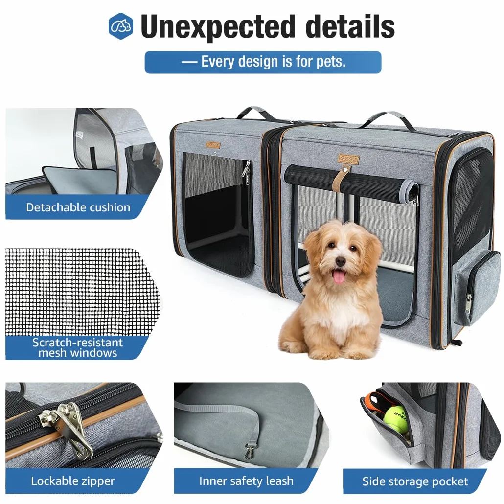 Boîte De Transport 2 en 1 pour Chien et Chat avec Cadre en Fibre Solide, Pliable - Gris