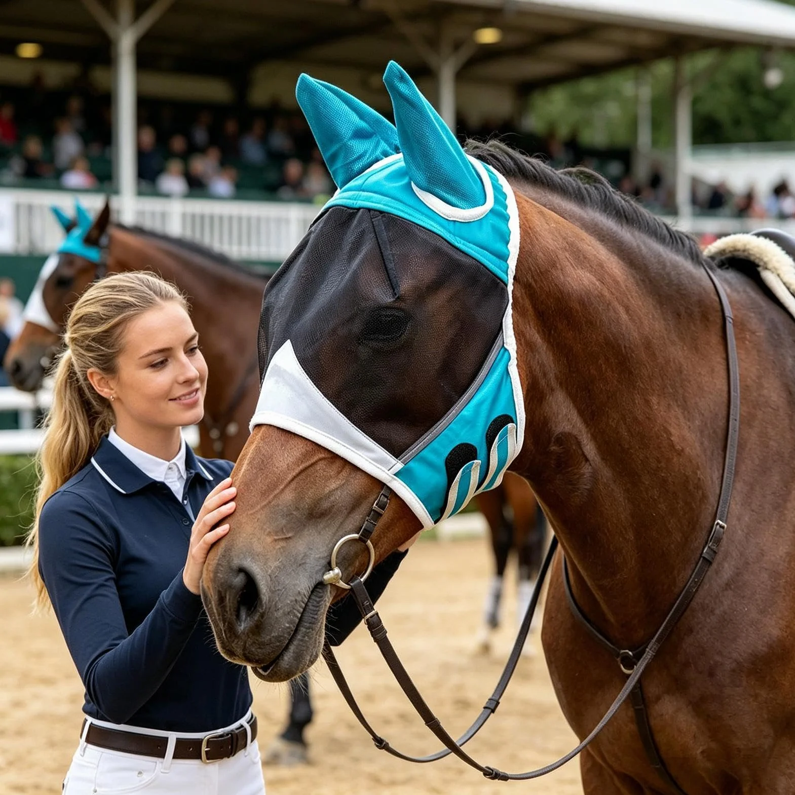 Masque Anti-Mouches pour Cheval, Tissu Respirant Protection UV, Couvre-tête Demi-Visage avec Oreilles et Bandeau élastique