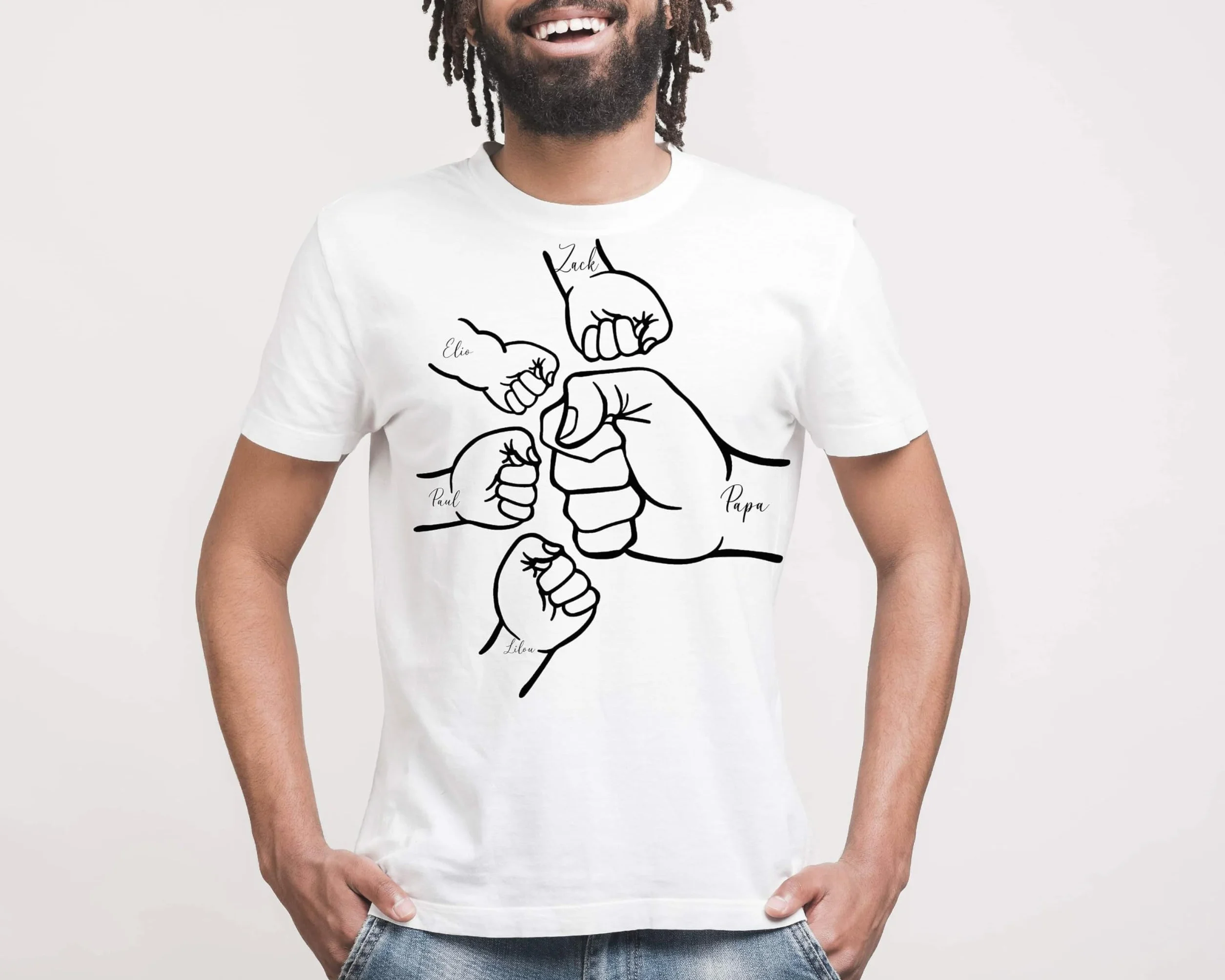 T-shirt Blanc Papa Poing Enfants Imprimés Personnalisé Prénoms Fête des Pères S M L XL XXL