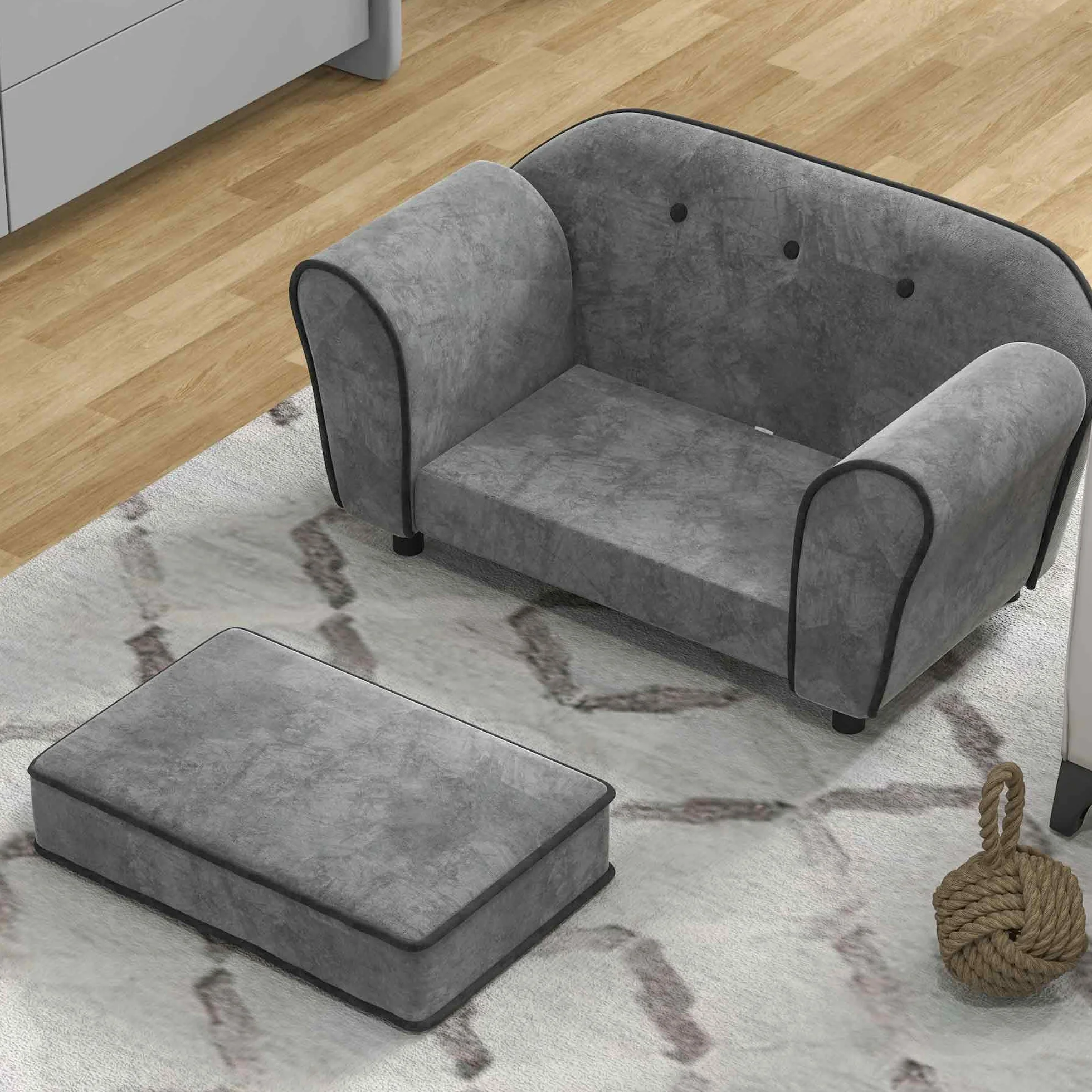PawHut Canapé pour Chien Chat Dossier capitonné Velours Housse Lavable 74 x 41 x 32,5 cm Gris