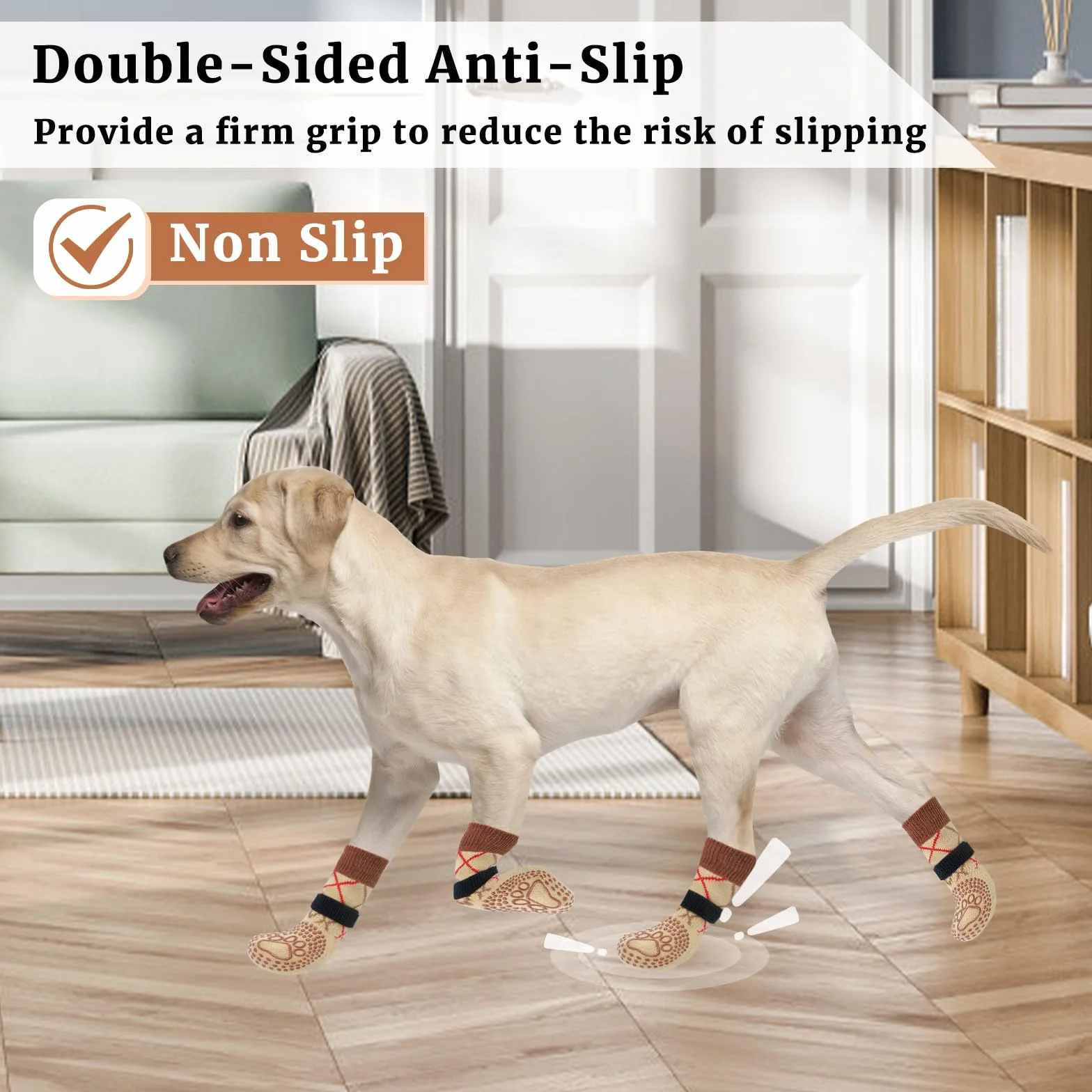 Chaussettes Chien Antidérapantes 2 Paires Protection Plaie Réglable Flexible Chausson Chiens Intérieur Extérieur Brun XL