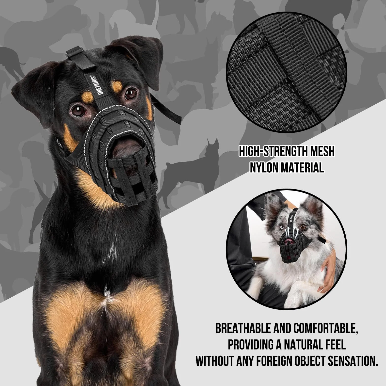 OneTigris Muselières pour Chiens, Maille Respirante Nylon, Museliere pour Chiens Ajustable avec Sangles Velcro, Respectueuse du Chien Qui Peut Haleter Et Boire, Museliere Anti Aboiement, XL