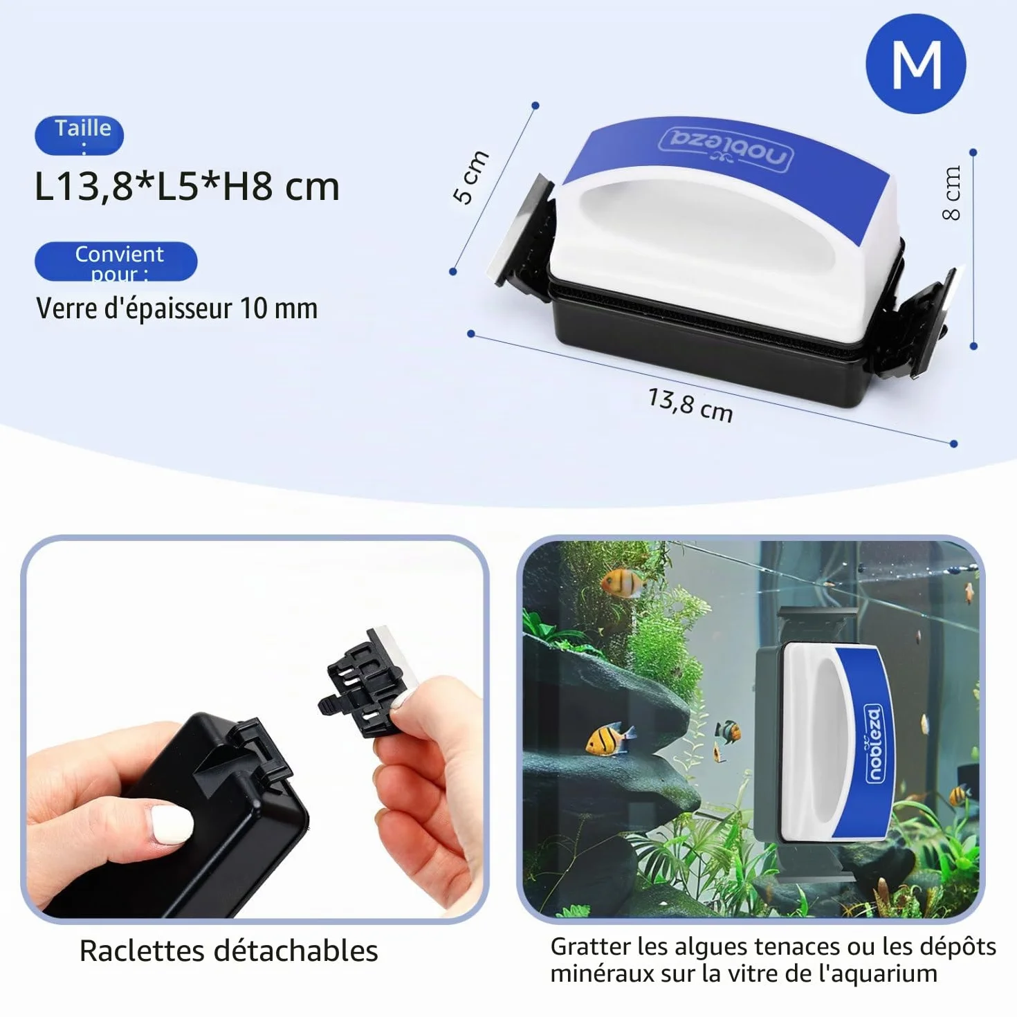 Nobleza Double Aimant Nettoyeur Aquarium Grattoir Magnétique Puissant Taille M 13.8x5x8cm