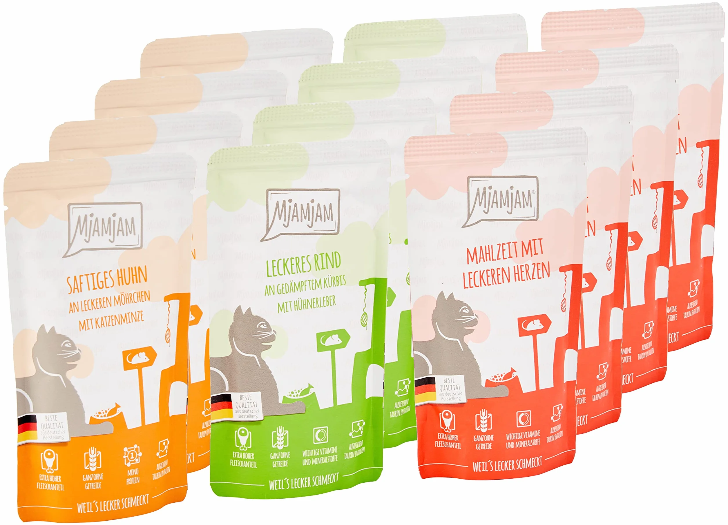 MjAMjAM nourriture humide pour chats emballage mixte poulet bœuf cœurs 12 x 125 g sans céréales