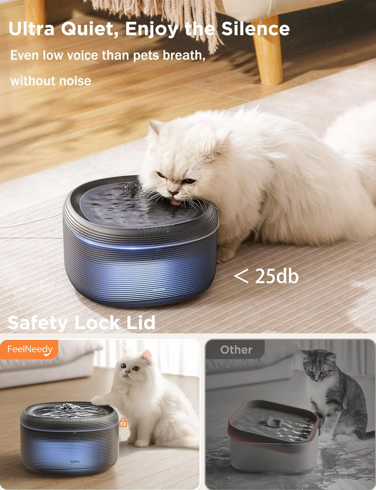Fontaine à Eau pour Chat FEELNEEDY 3,2L Ronde avec Robinet Silencieux LED 2 Débits Bac 210 ML 3 Filtres