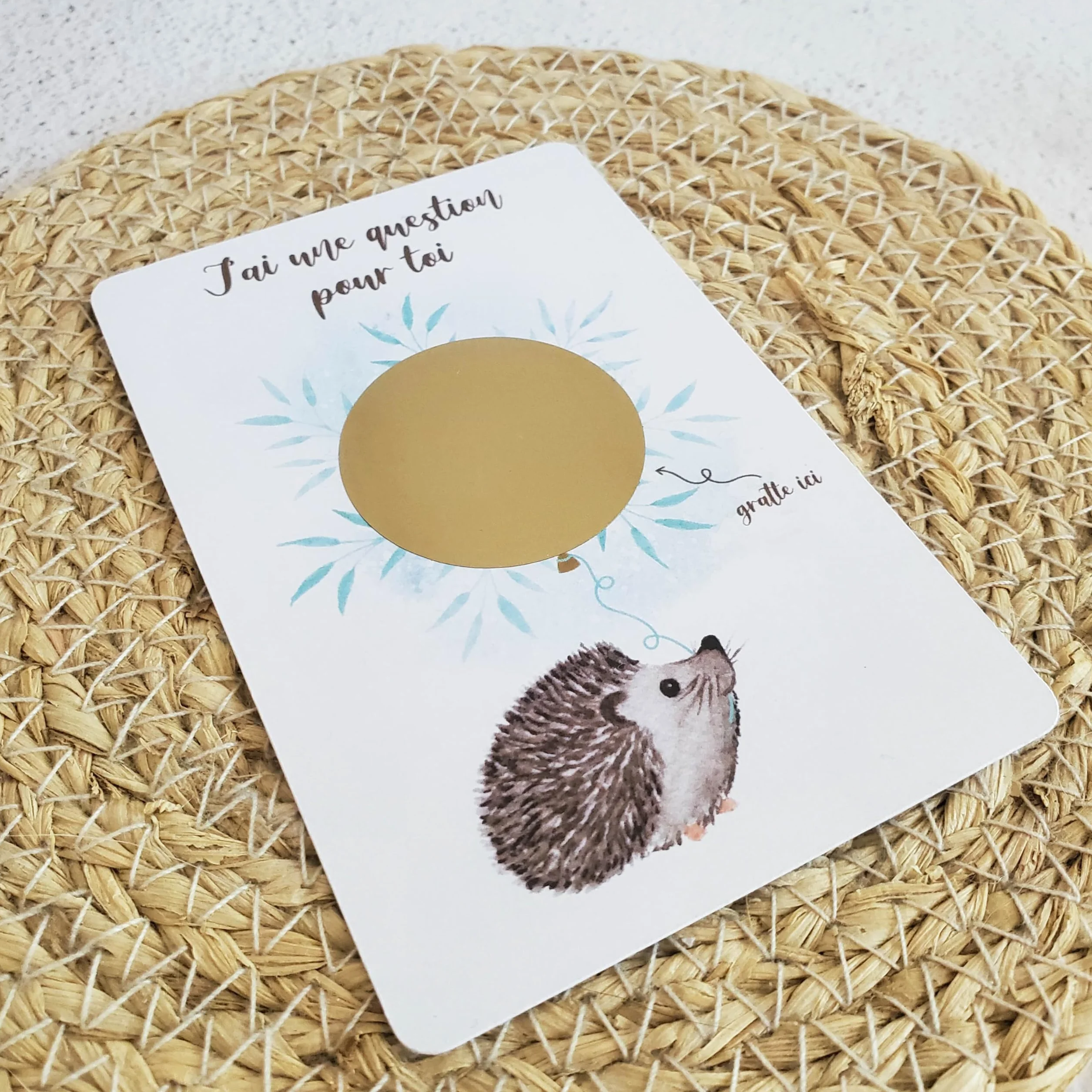 Carte à gratter Parrain thème hérisson avec enveloppes