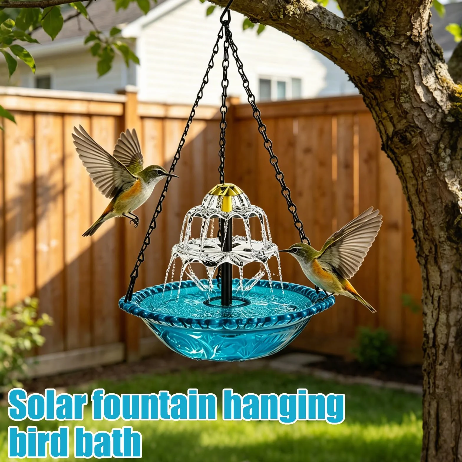 Bain d'oiseaux suspendu 3 niveaux avec fontaine solaire, bleu, chaînes en métal pour jardin