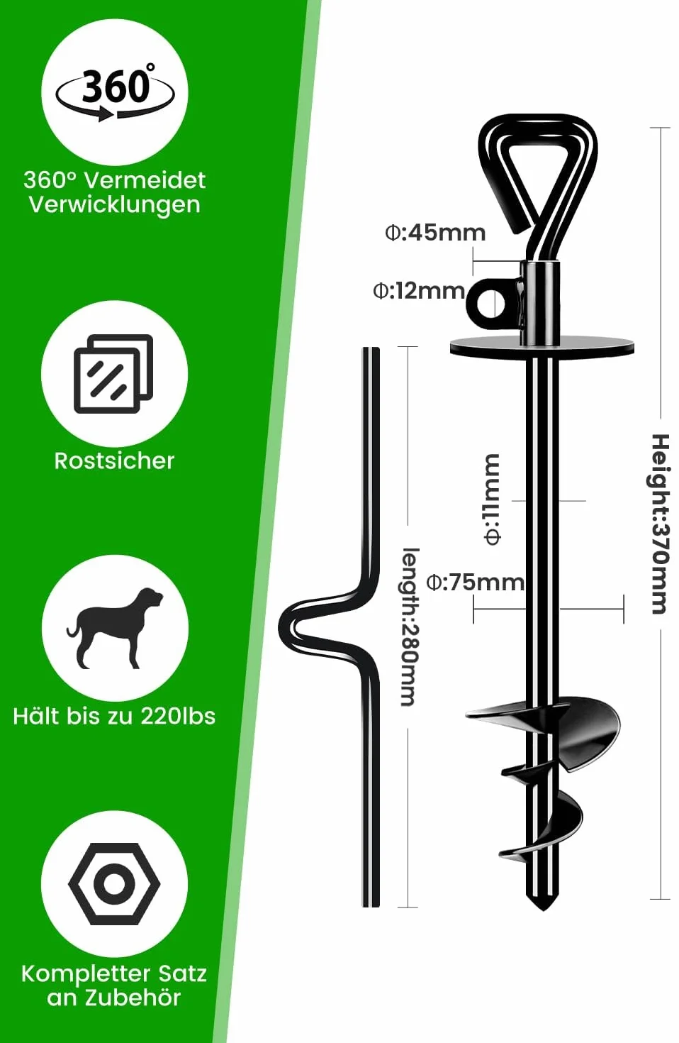 Piquet de Rotation Professionnel pour Chien 100 KG, Système Antirouille, Ancrage Sol Dur avec Rotation 360°, Matériel Camping