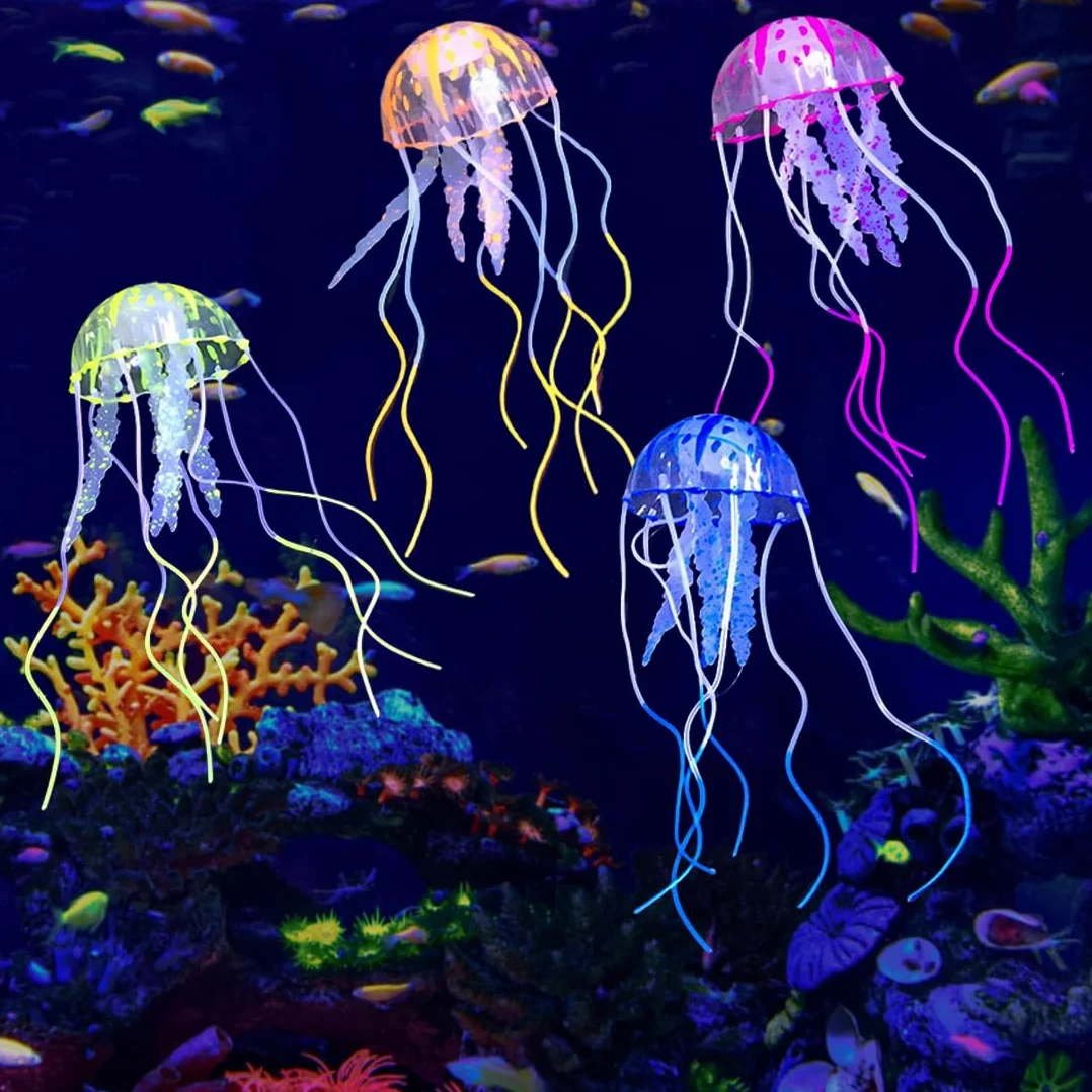 Méduses Artificielles Lumineuses pour Aquarium 4 pièces Silicone Fluorescent Décoration
