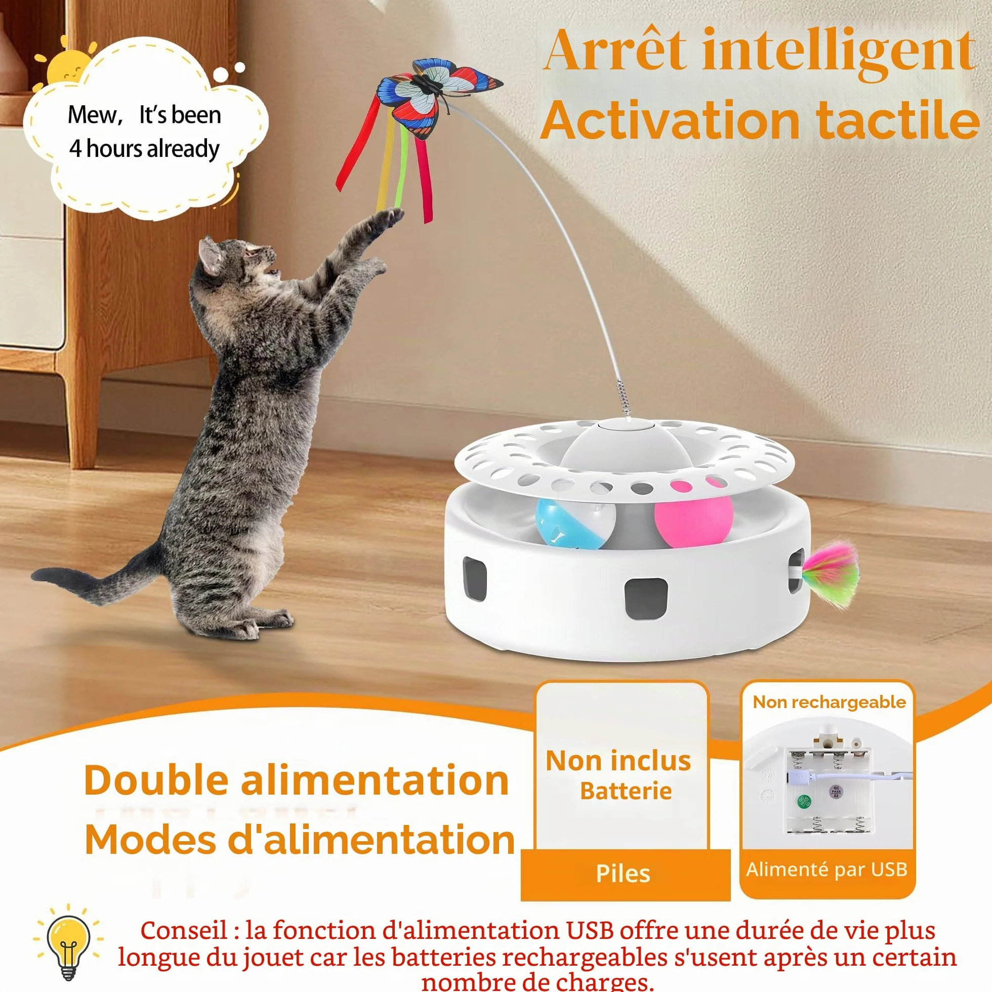 Soarer Jouet Interactif Automatique pour Chat 3 en 1 avec Papillons Volants et Accessoires Remplaçables
