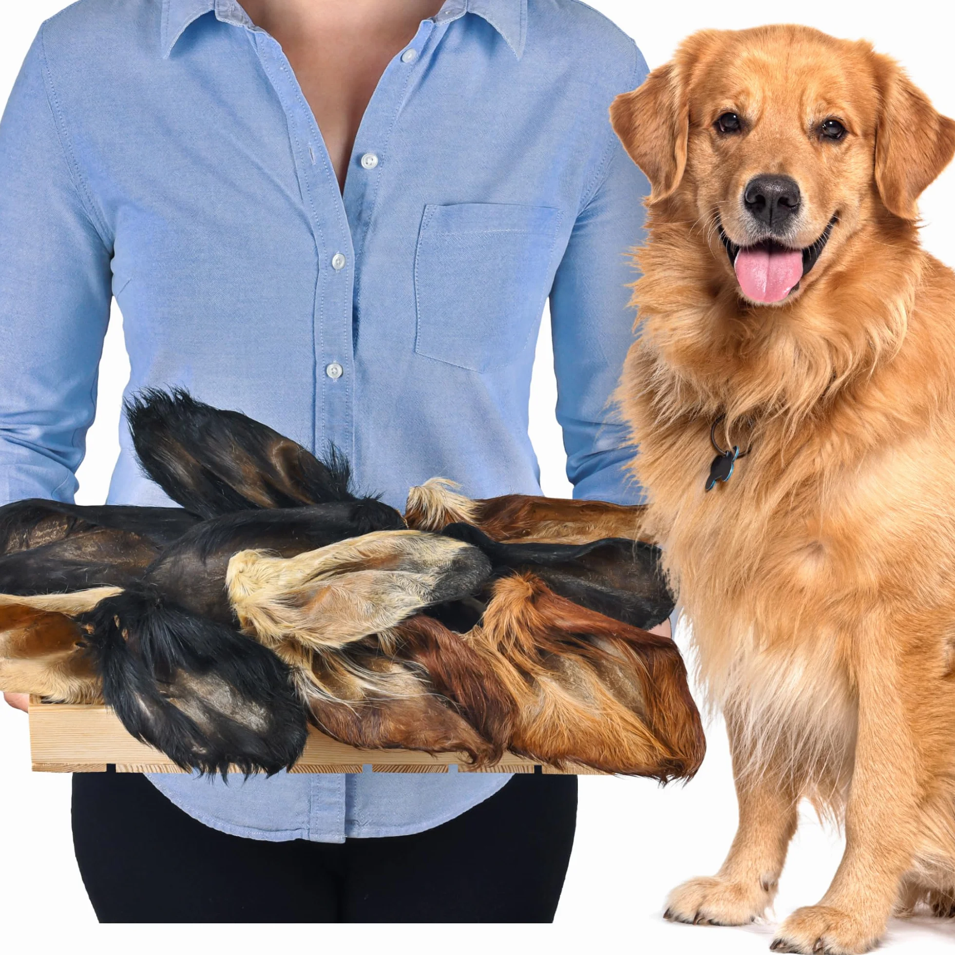 Lot de 10 oreilles de bœuf avec fourrure pour chien - Friandise naturelle à mâcher - Faible en gras et sans additifs