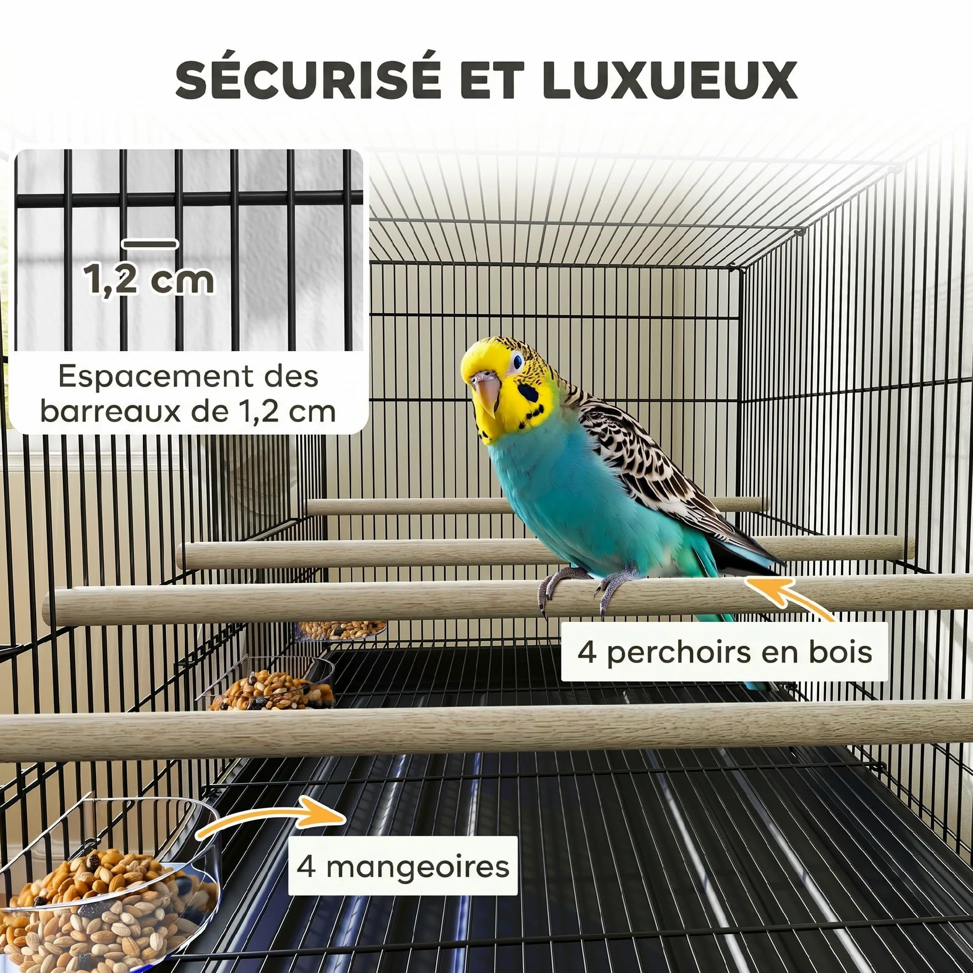 PawHut Cage à Oiseaux Volière Acier Séparateur Perruches 76x46x116cm Noir | Intérieur, 4 Perchoirs, Plateau Coulissant, 4 Mangeoires, Support avec Étagère et roulettes, Canaris, Pinsons