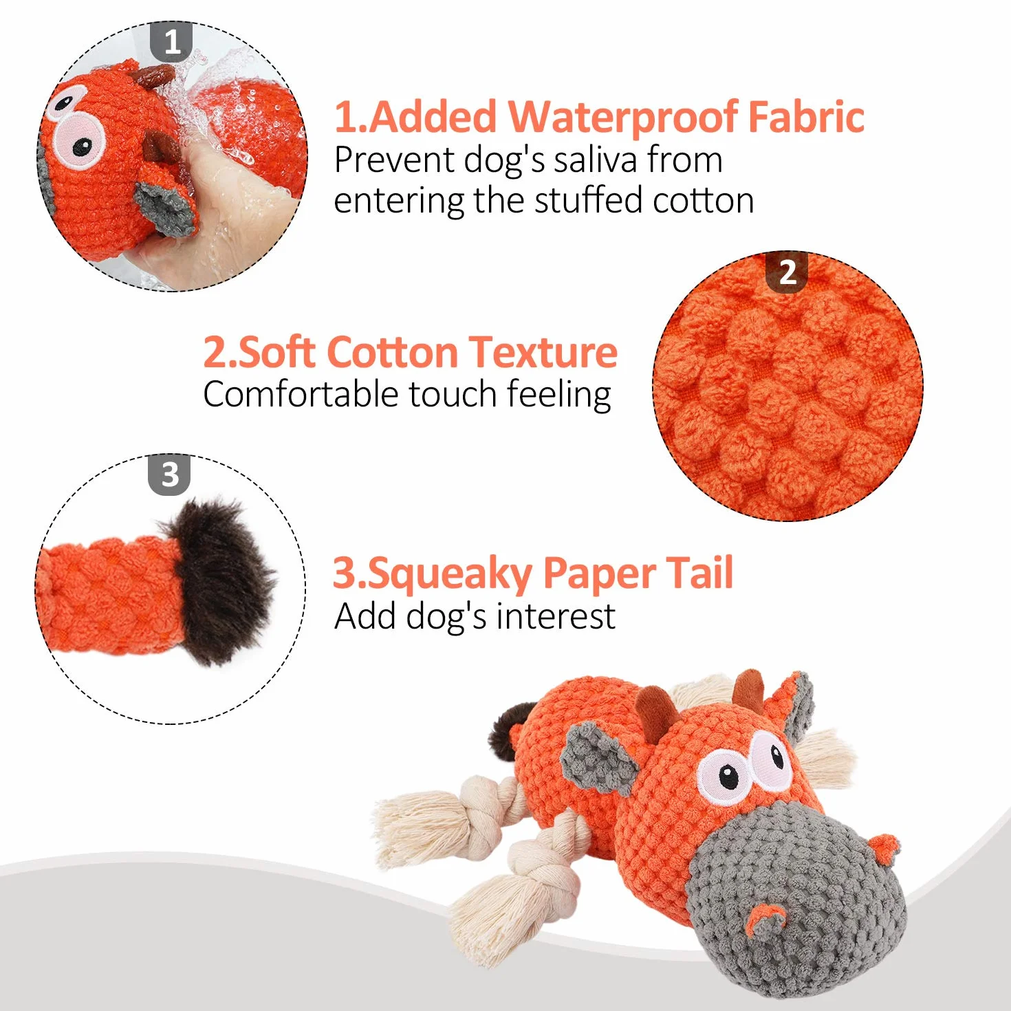 Jouets pour Chiens Interactifs Couineurs Robustes avec Chiffon en Coton et Papier Froissé Orangée Bovins